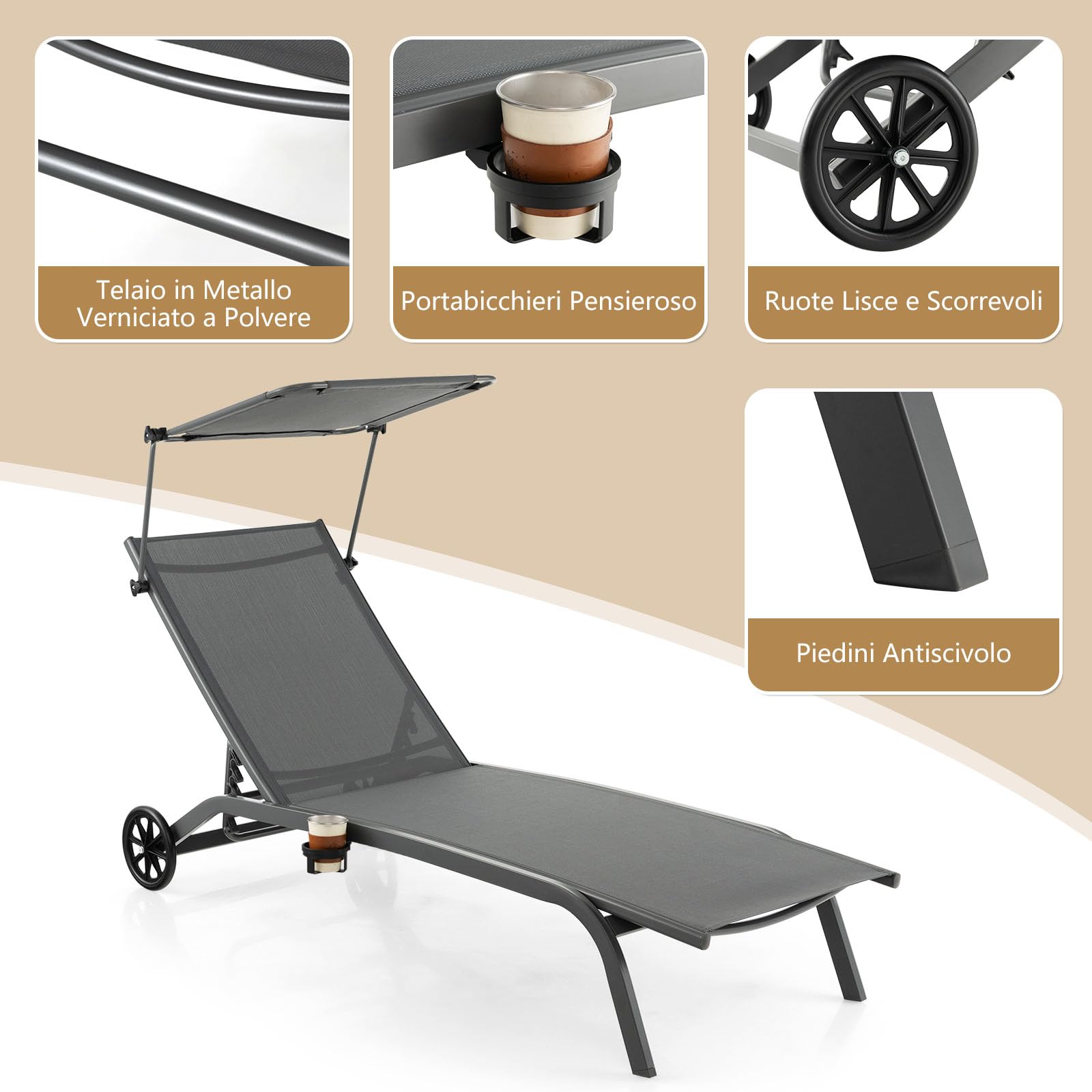 GYMAX Lettino Prendisole da Giardino, Sedia a Sdraio con Schienale Regolabile e Protezione Solare, Lettino da Giardino Salvaspazio con Ruote e Portabicchieri, Terrazza e Spiaggia (Grigio)
