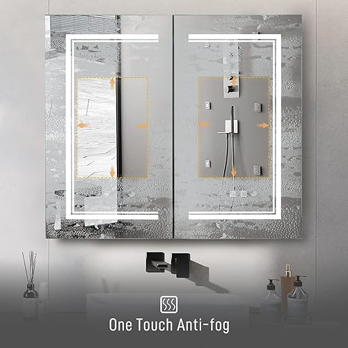 Miniatura 3 de Karl home Botiquín de baño de 28 x 20 pulgadas con espejo LED armario de baño regulable montado en la pared de 3 colores con estantes de