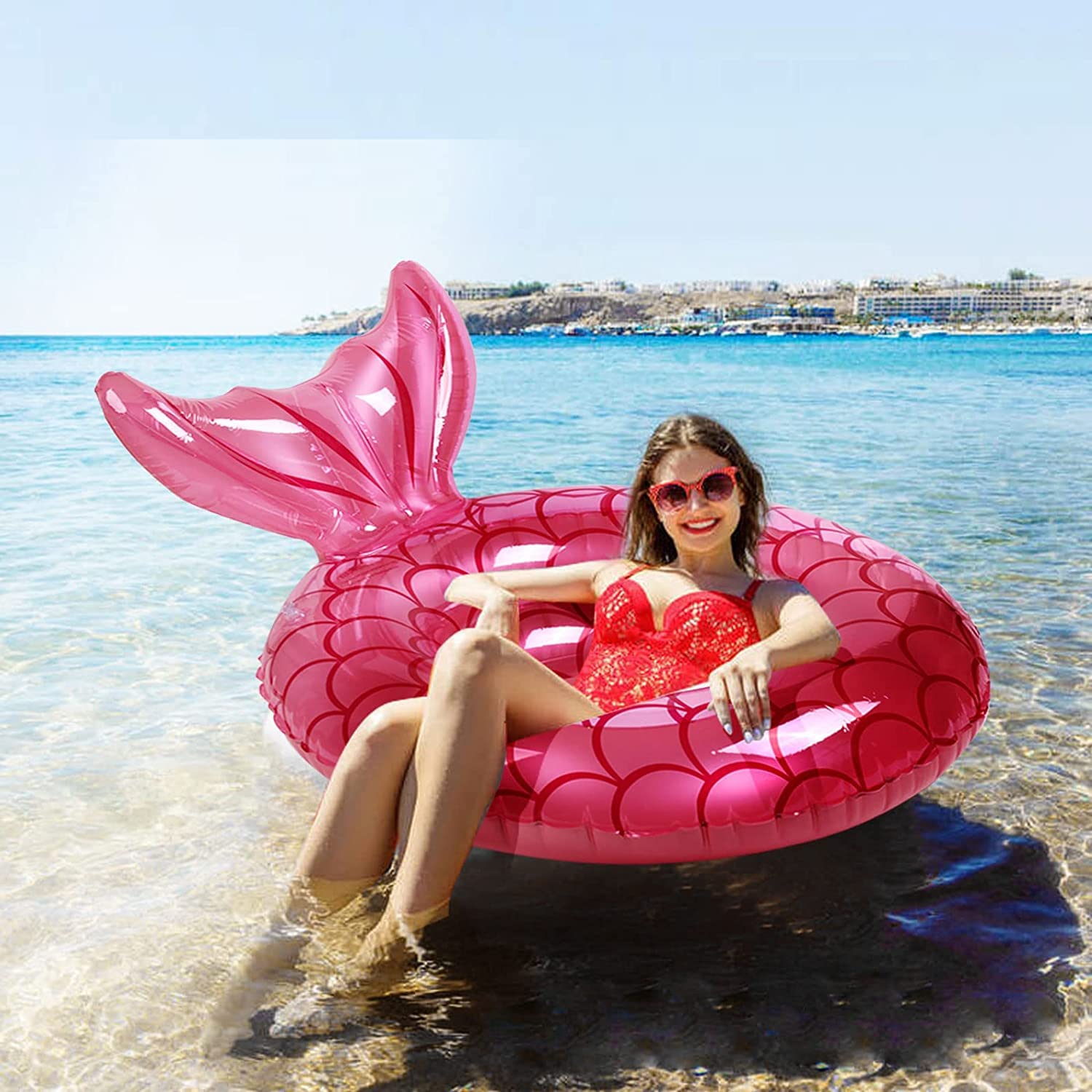 Inflatable Swimming Ring - Mermaid Swimming Pool Floats Summer Pool Party Inflatable Toy, Floating Row Inflatable PVC Water Swimming Ring Pink