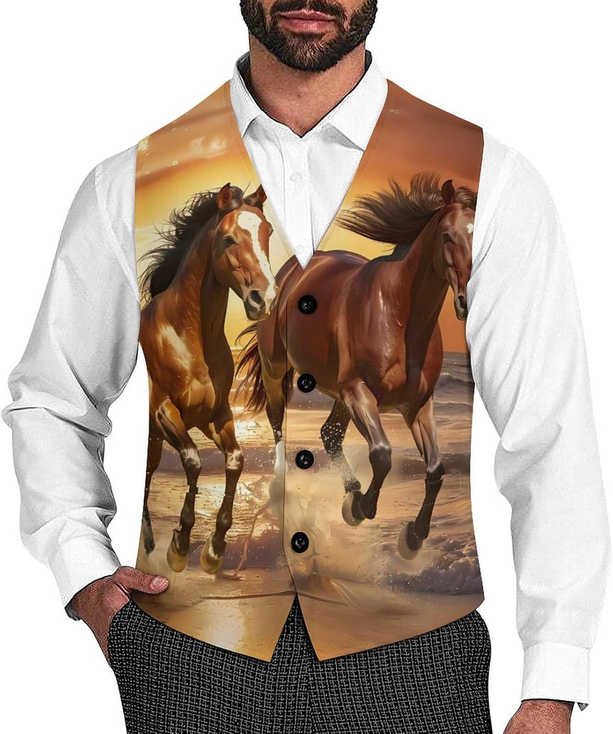 Wild Horses Running on The Beach Novelty Men's Suit Vest Casual Formal Dress Vests Business Waistcoat
