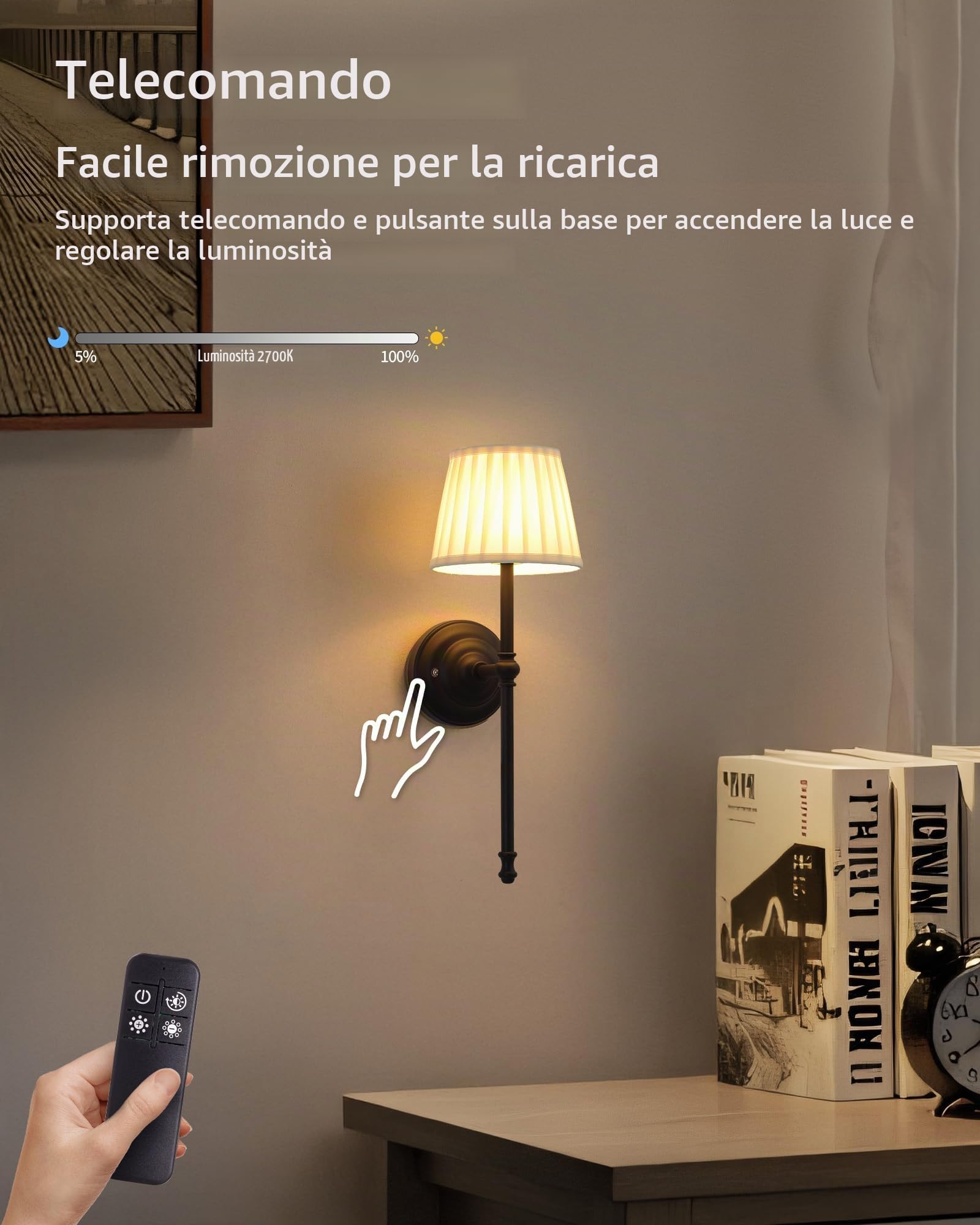 Lampada da Parete Ricaricabile 2 Pezzi, Lampada da Parete a LED in Tessuto cCon Batteria Ricaricabile, Illuminazione Dimmerabile Con 5200 mAh E Telecomando Wireless Per Interno (Nero)