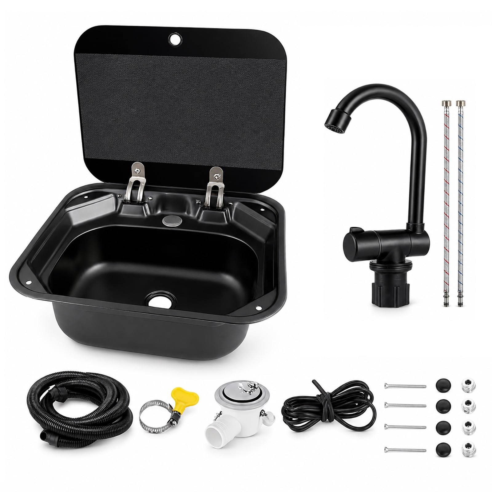 RV Sink with Foldable 360° Faucet, 16.5" x 14.5" Black Stainless Steel Camper Sink, Deep Bar Prep Basin Kit for Camper Van, Boat, Yacht, Outdoor Kitchen