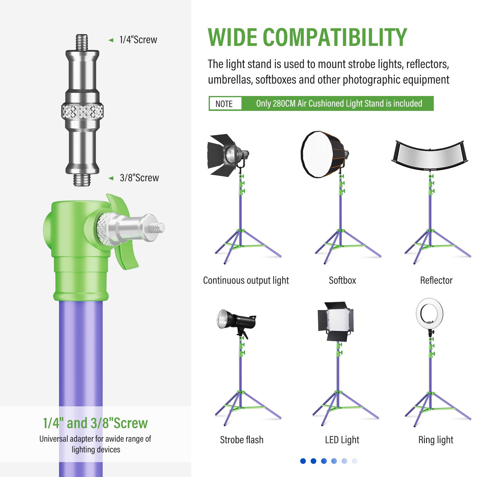 Soonpho Light Stand Pies Soporte Ligero de 280cm 9,1 Totalmente Metálico Amortiguador y Trípode Capacidad de Carga de 10kg para Fotografía en Exteriores y Retransmisiones en Directo (Morado&Verde)