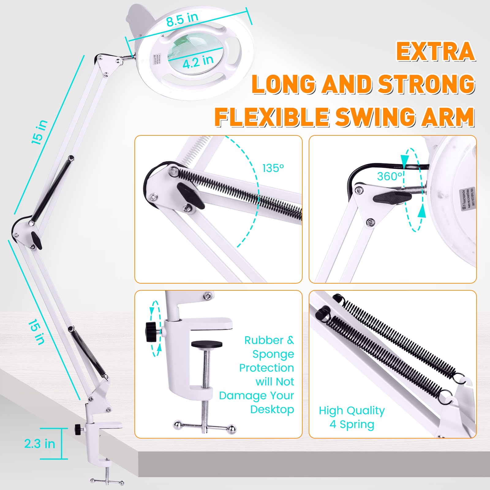 Set di 5 lenti d'ingrandimento con luce e pinza, 2200 lumen, super luminose, lampada dimmerabile, vetro a 8 diottrie, braccio girevole regolabile, lente d'ingrandimento a mani libere per la