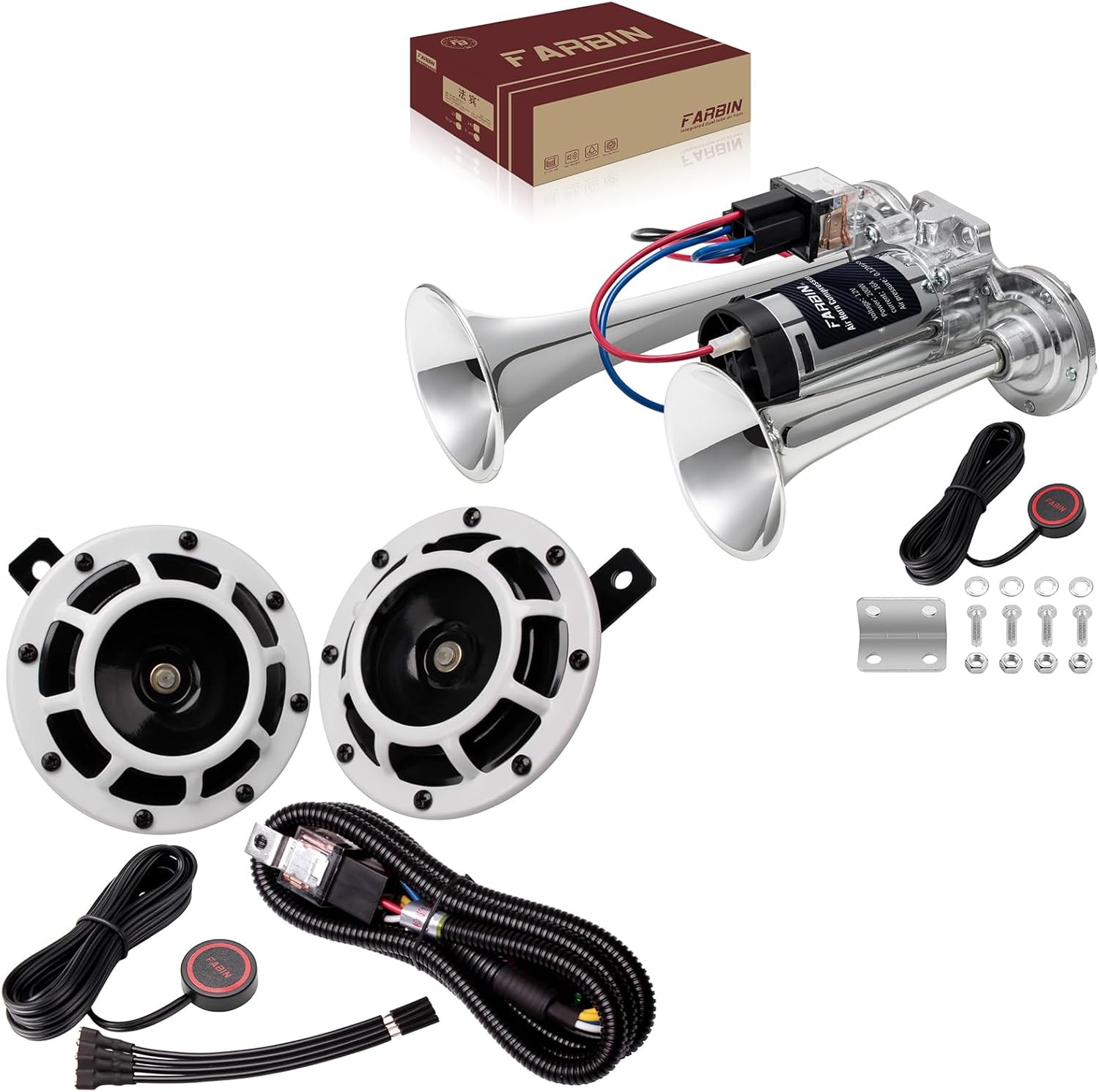 FARBIN Air Horn with Button and Compressor with White horn with wire button