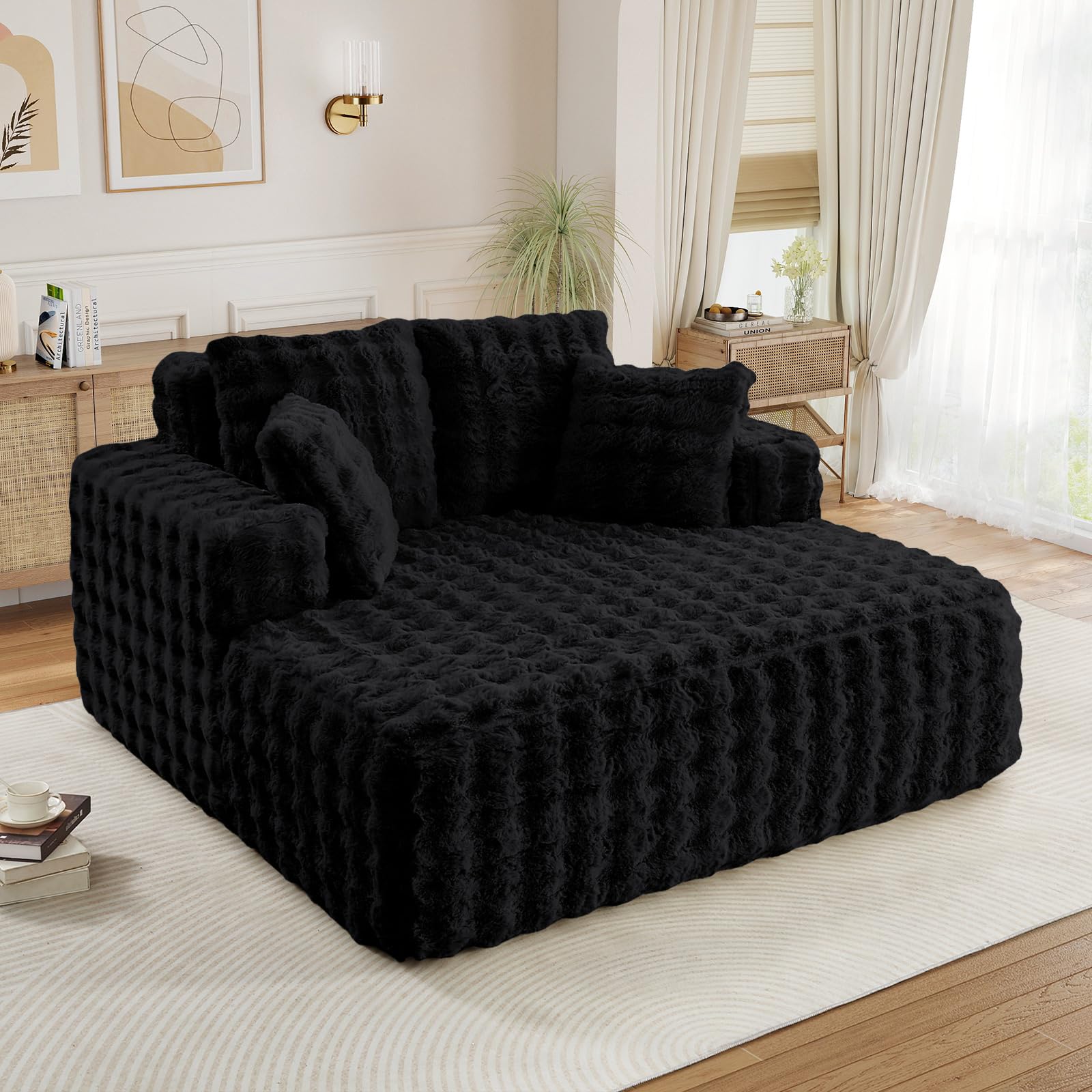 Oversized Chaise Lounge Indoor, Modern Comfy Bubble Faux Fur Fabric Deep Seat Boneless Sleeper Chaise Lounge Sofa Chair with Pillows for Living Room Bedroom Studio, No Assembly Couch, Black