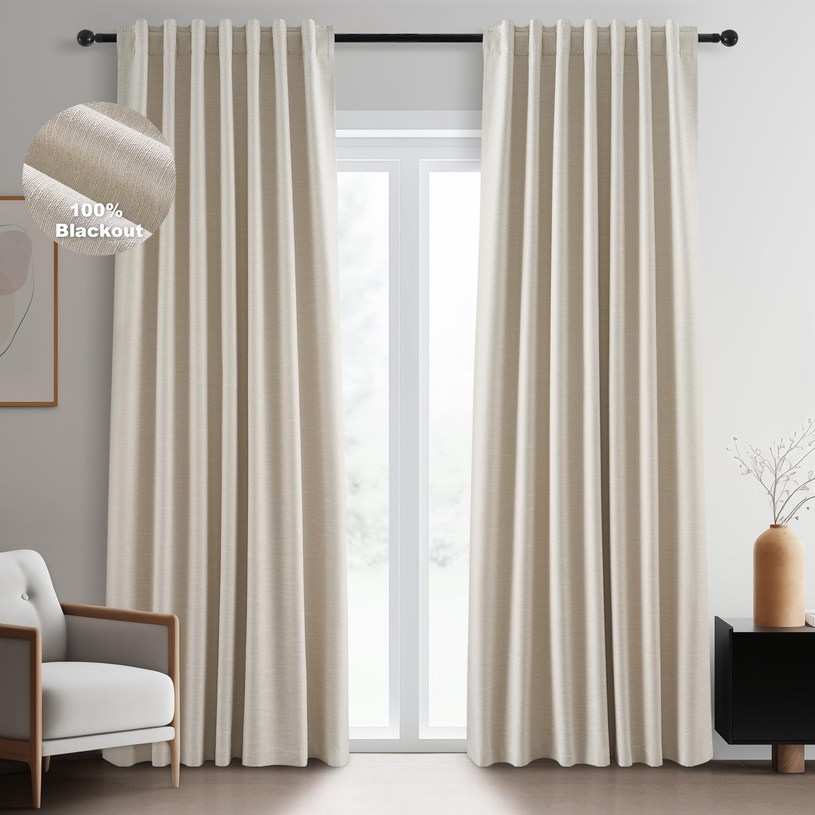 Topfinel Blackout Curtains for Bedroom 96 Inch Long, Beige Tan Boho Energy Efficient Insulated Floor to Ceiling Track Curtains Tab Top 2 Panel Set Flax Linen Cream Champagne Curtains Dining Room