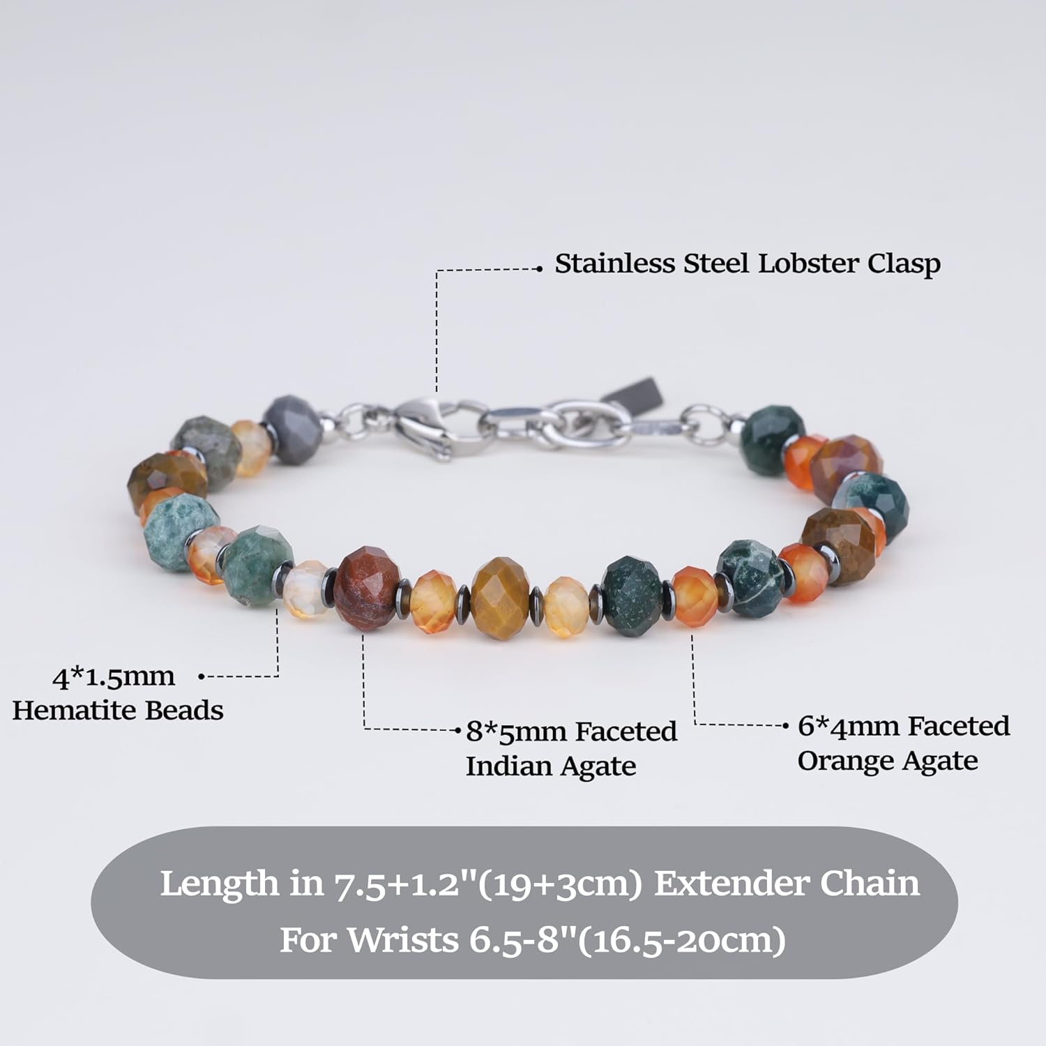 COAI Men's Beaded Bracelet, Natural Healing Crystal Bracelet with Hematite, Indian Agate & Orange Agate - Image 3