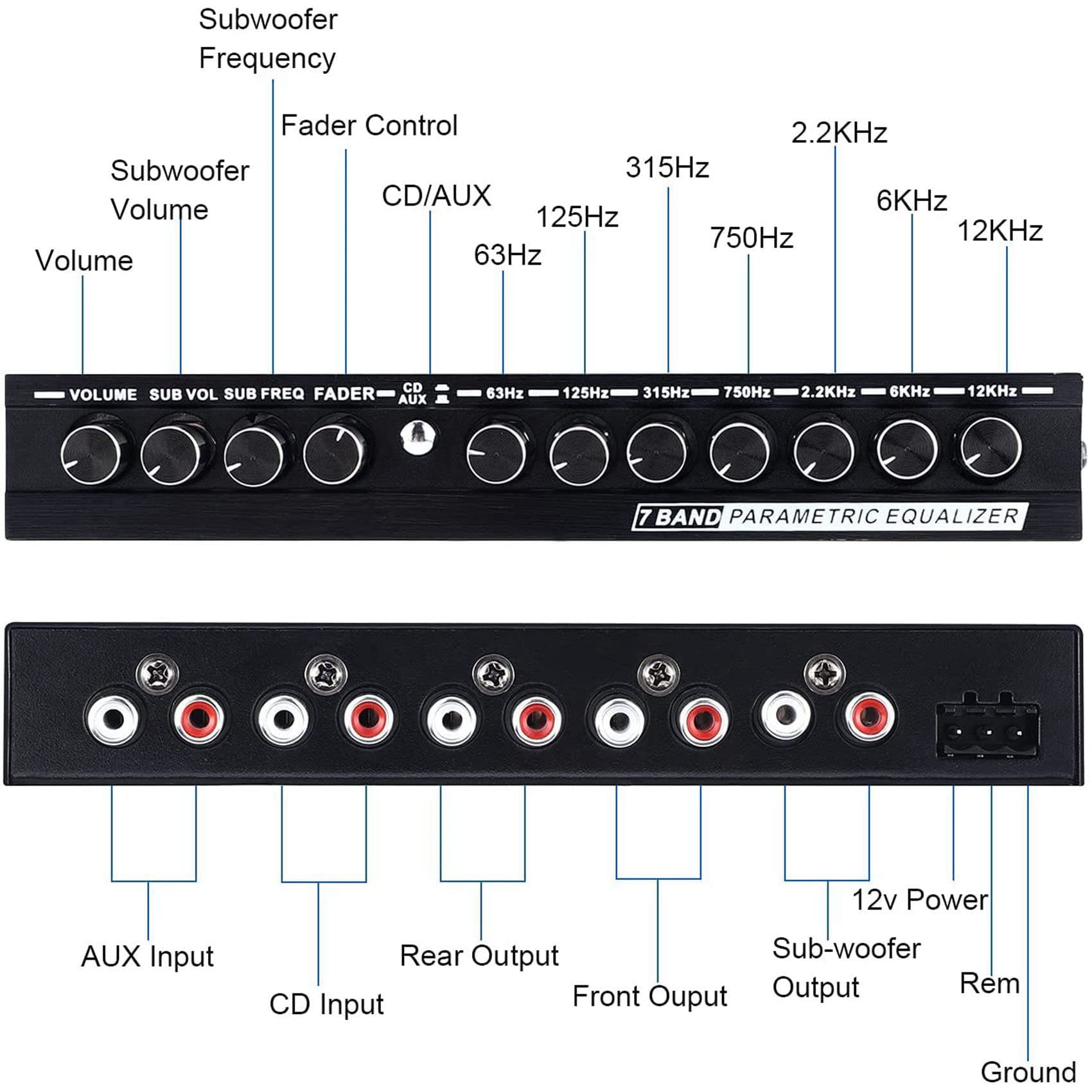 2X Ecualizador de Audio para Automóvil de 7 Bandas, Ecualizador Gráfico Ajustable para Amplificador de Automóvil EQ de 7 Bandas con Interruptor de Selección de Entrada CD/AUX,Negro