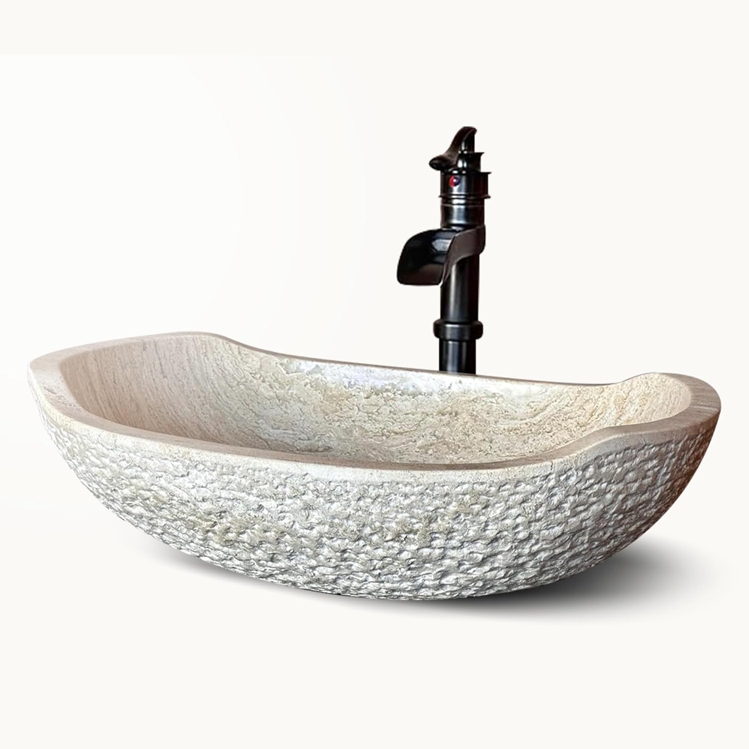 Hellosinks Handmade ‎Rustic Oval Beige Travertine Stone Vessel Sink Vanity for Modern Bathrooms