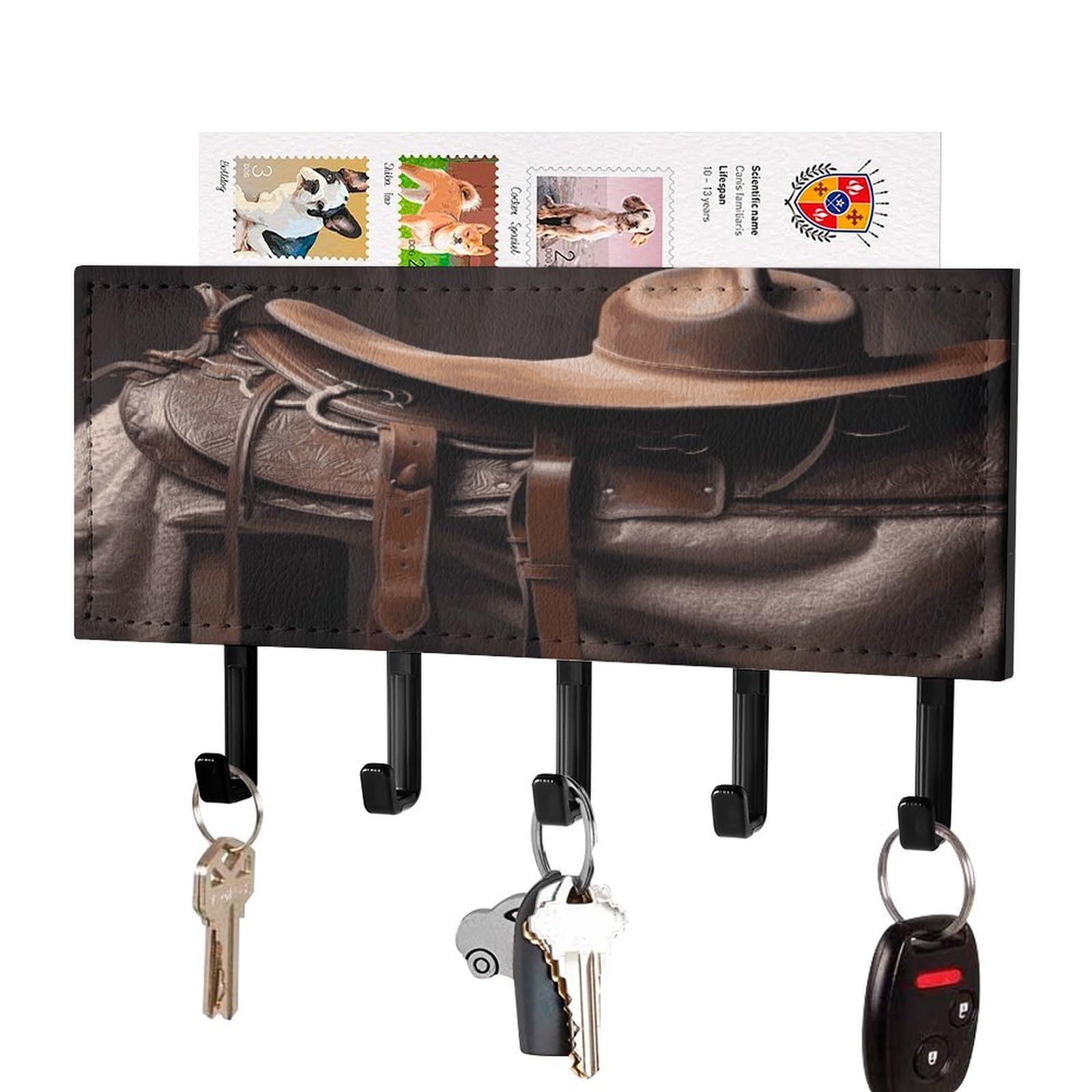 Vstadank Black-Style Horse Saddle With A Cowboy Hat Wild Key Holder For Wall Decorative Mail Organizer Exquisite Coat Rack Pu Wall Mount Adhesive Keys Rack With Tray&5 Key Hook For Door Hallway Entryway Decor