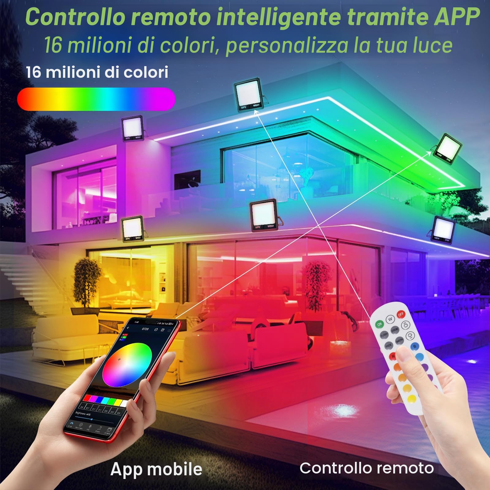 Outdoor RGB LED Spotlight 50 W, Faretto Led Rgb, IP66 Waterproof Dimmable Projector with Bluetooth App and 2.4 G Remote Control for Garden, Party, Halloween