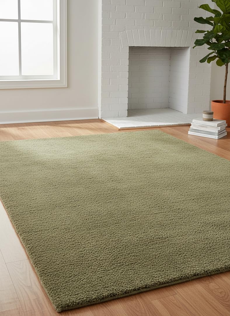 Thick Shaggy Sage Green Rug Deep Pile Carpet for Living Room Bedroom or Office with Soft Texture and Braided Edge Detail 190cm x 190cm