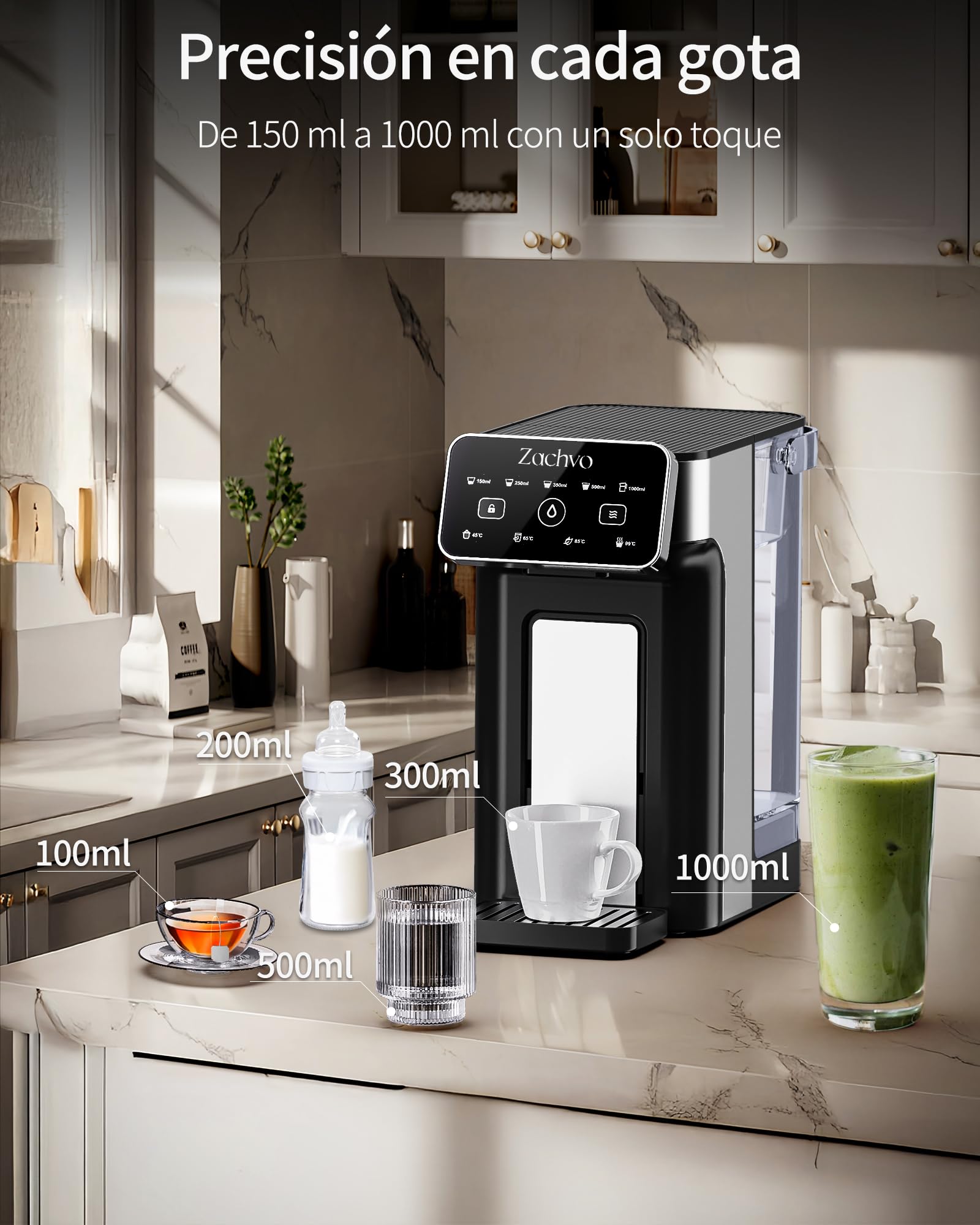 KEI906 - Dispensador de agua caliente (sin filtro), 2600 W, agua caliente en pocos segundos, 4 niveles de temperatura y 5 cantidades de agua, depósito de 3 l, compacto para cocina y oficina