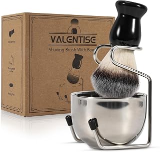 VALENTISE 3-in-1 Shaving Brush Set: Synthetic Badger Hair Brush, Stainless Steel Stand & Bowl - Perfect Men's Wet Shave Kit Gift