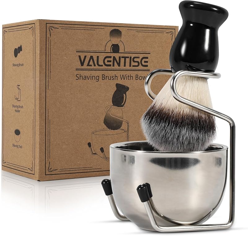Shaving Brush, 3 In 1 Shaving Brush Set Includes Stainless Steel Shaving Stand and Bowl, Synthetic Badger Hair Shave Brush for Men's Shave Gift