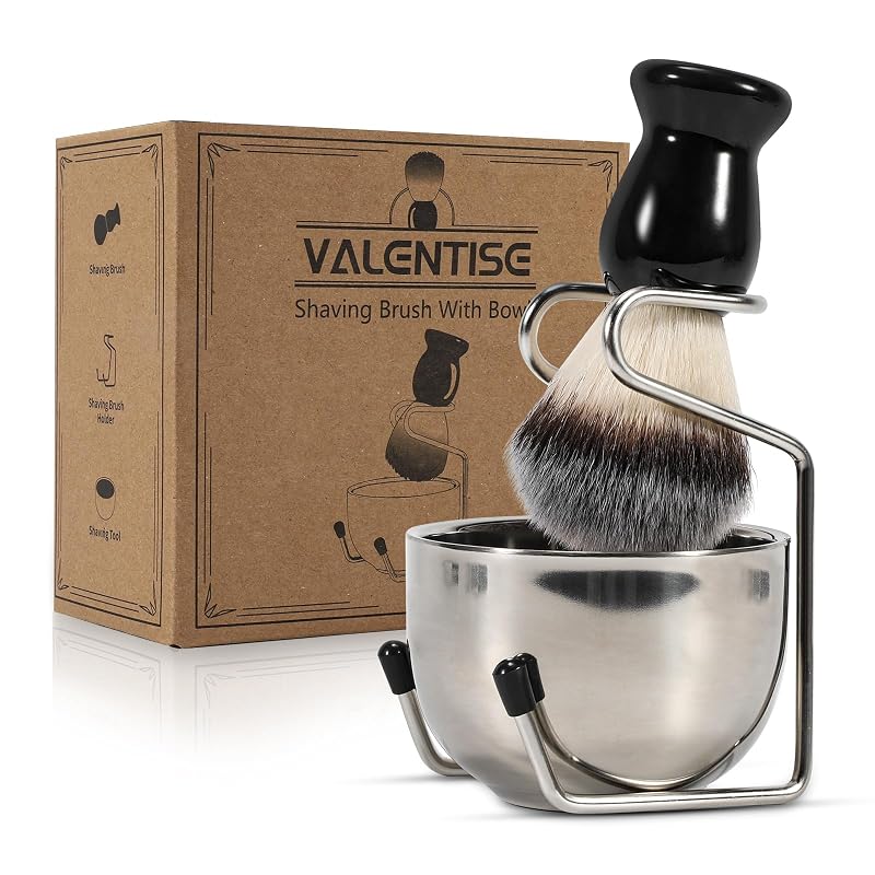 Kit de Pincel de Barbear VALENTISE com Tigela e Suporte de Aço Inoxidável, Cerdas Sintéticas