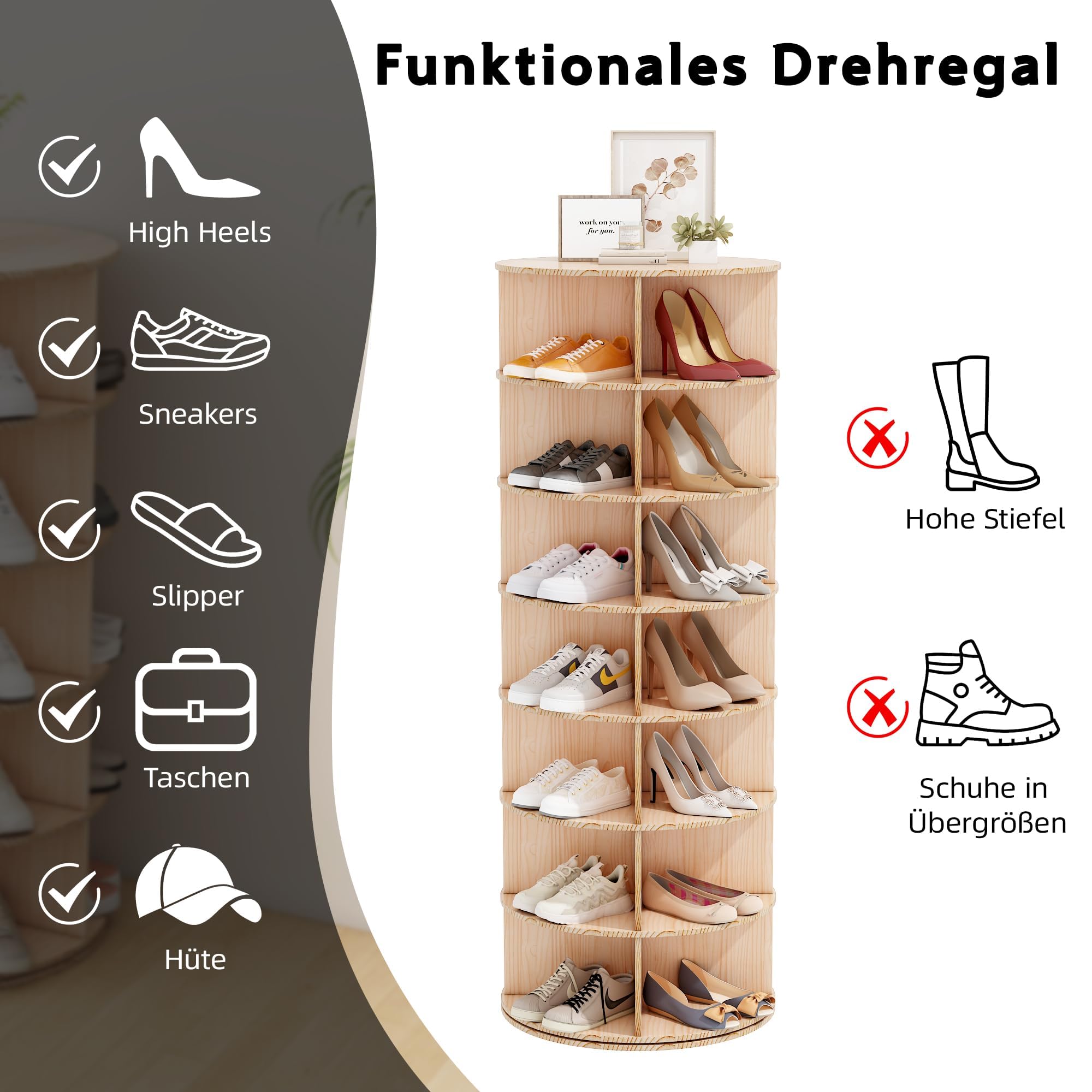 Zapatero giratorio con 7 niveles, organizador de zapatos multifuncional estrecho, giratorio 360, almacenamiento, bolso redondo vertical, organizador de zapatos Organi Sation