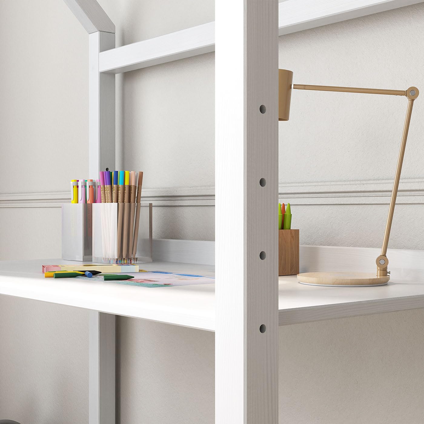 IDIMEX Kinderschreibtisch Tina in Hausform, weiß - höhenverstellbarer Schreibtisch für Kinderzimmer, mitwachsend und individuell anpassbar, aus Kiefer Massivholz