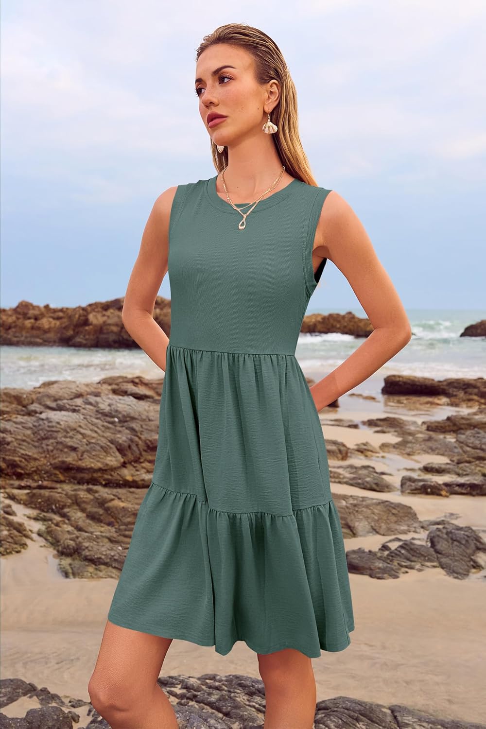 Women's Sleeveless Summer Mini Dress Tank Flowy Tiered Short A Line Sundresses Beach Vacation Dresses with Pockets - Image 4