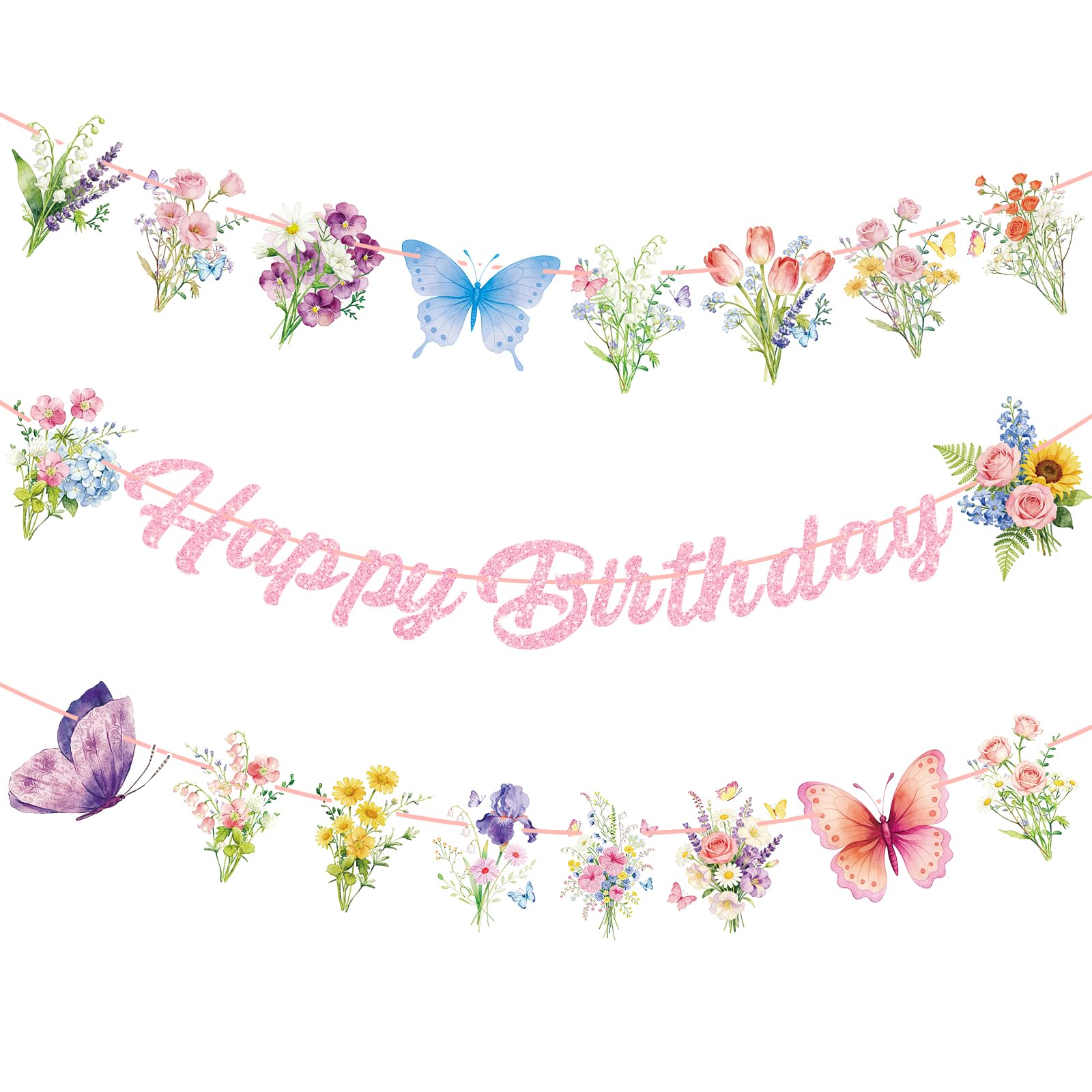 Happy Birthday Banner Decorations – Pink Glitter Letter Garland with Wildflowers, Butterfly, Floral Garden Hanging Banner for Birthday Party, Baby Shower, Bridal Shower, Tea Party Decorations