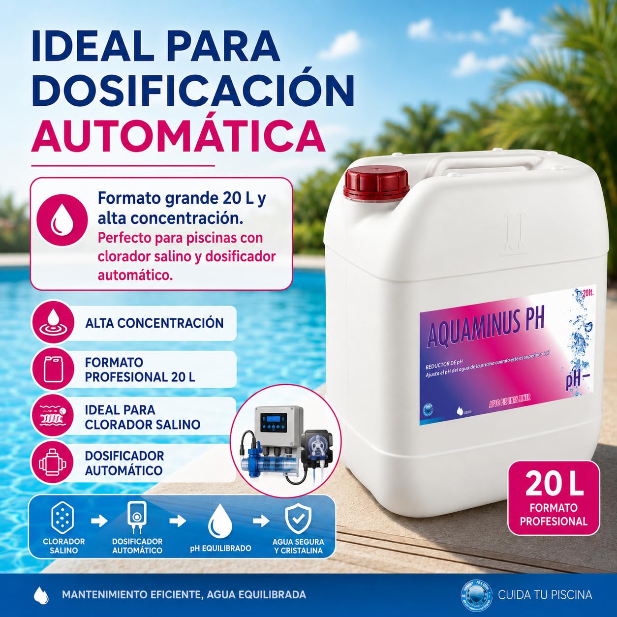 AQUAMINUS PH garrafa 20 litros (25 KG) para Piscinas con clorador salino - Reductor pH del Agua