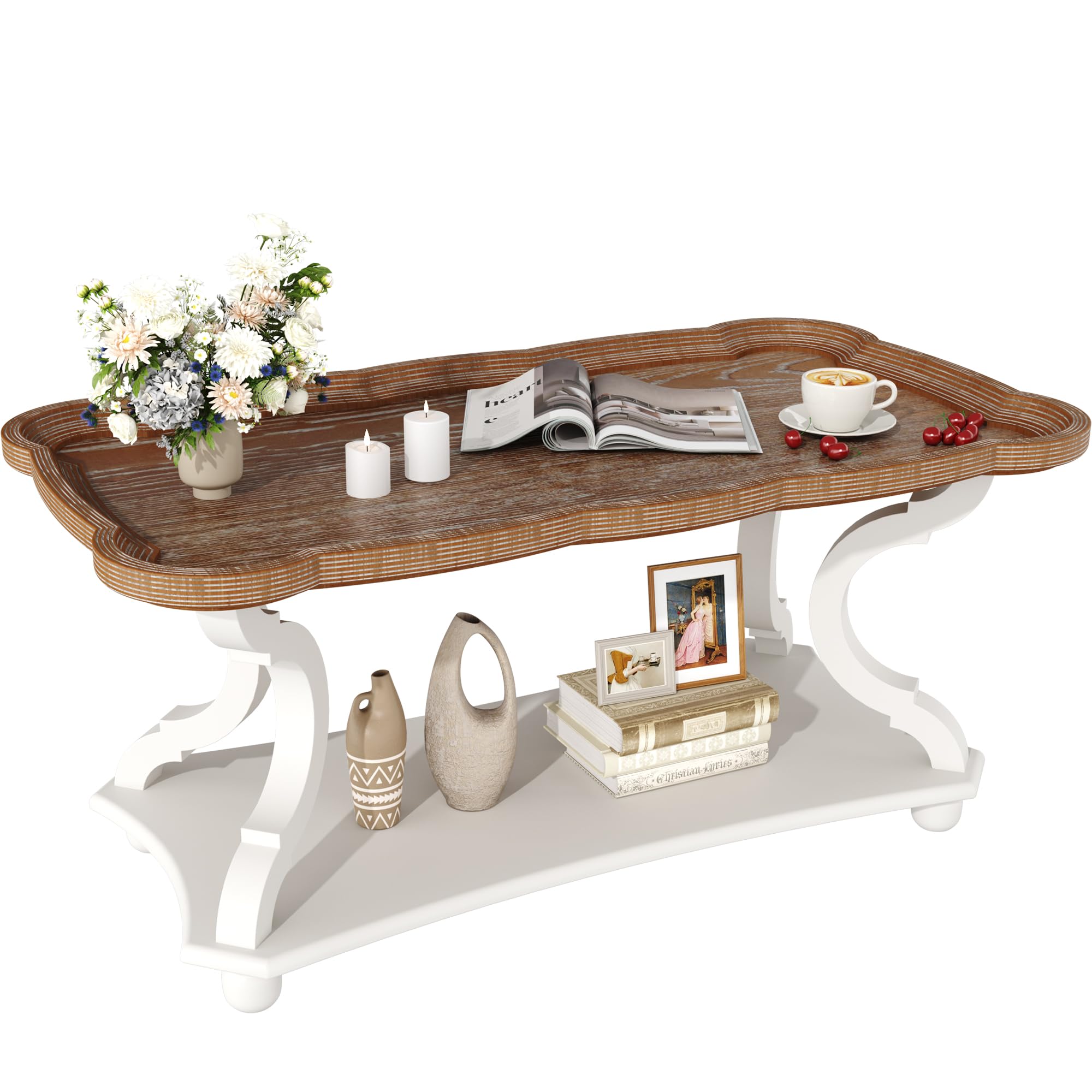 Farmhouse Coffee Table, 2-Tier Center Table with Storage Shelf, 39.8" French Country Rectangle Accent Table with Natural Tray Top and Curved Legs for Living Room Balcony, Vintage White