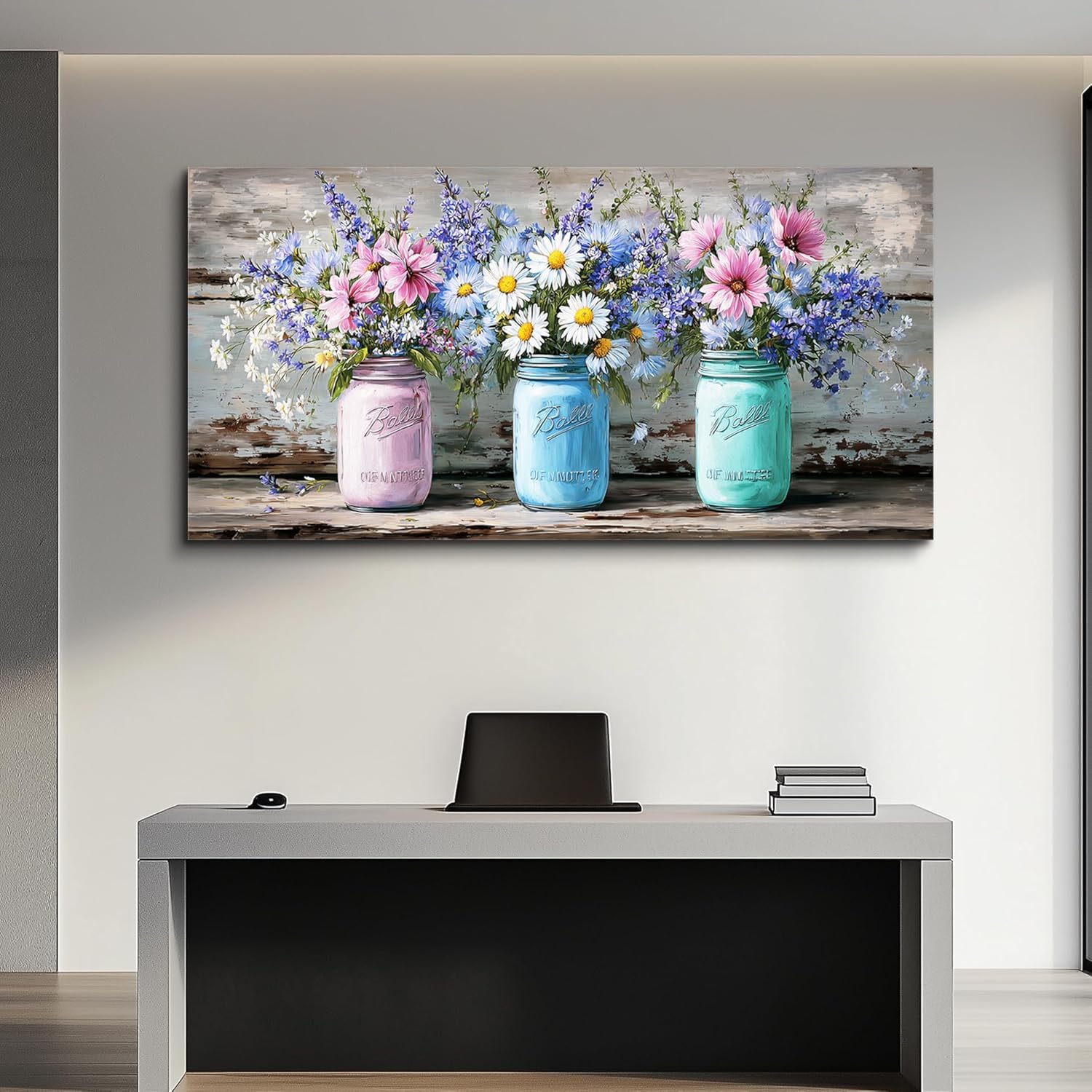 lianyibo Large Canvas Wall Art Vintage Landscape Picture Mason Jar Floral Painting Artwork For Living Room Aesthetic Decor(75x150/Frameless)
