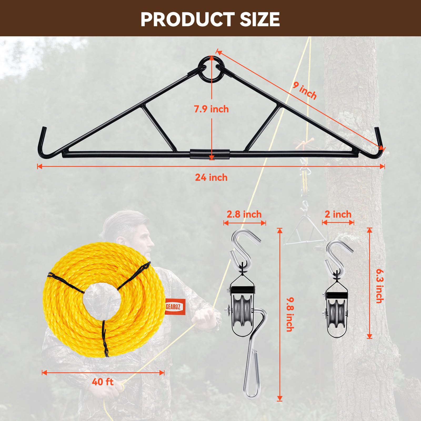 GearOZ Colgador de ciervo, sistema de elevación de polea de alce con gambrel, kit colgante de juego de caza para cadáveres de ciervos/carnicero/pelado, máximo hasta 700 libras, regalos de caza salvaje