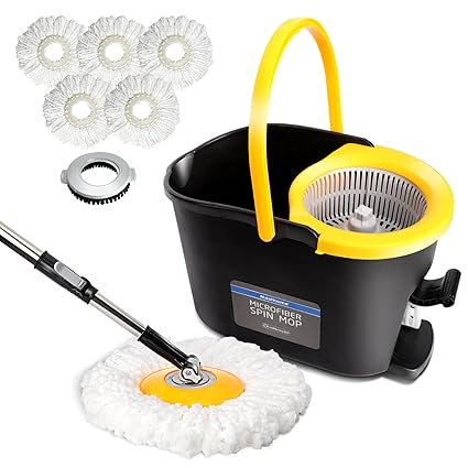 8L Spin Mop and Bucket with Wringer Set,Foot Pedal Upright Washing Bucket System Self-Wring Adjustable Floor Mop with 5 Microfiber Pads for Home Office Kitchen,Extra 1 Floor Brush