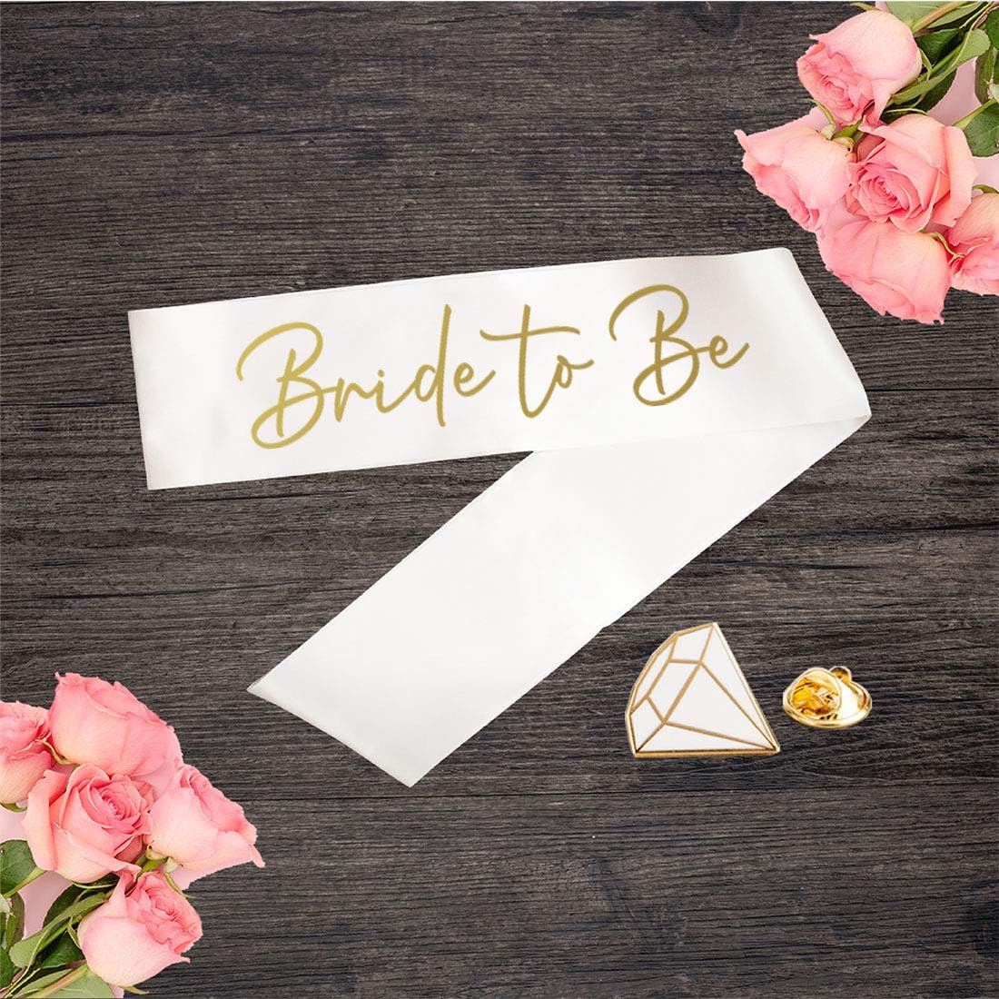 Andaz Press Bachelorette Party Sash, Bride Party Sash, Wedding Party Sash Bride to Be, Gold Foil Text, Satin White Ribbon, Includes Diamond Pin