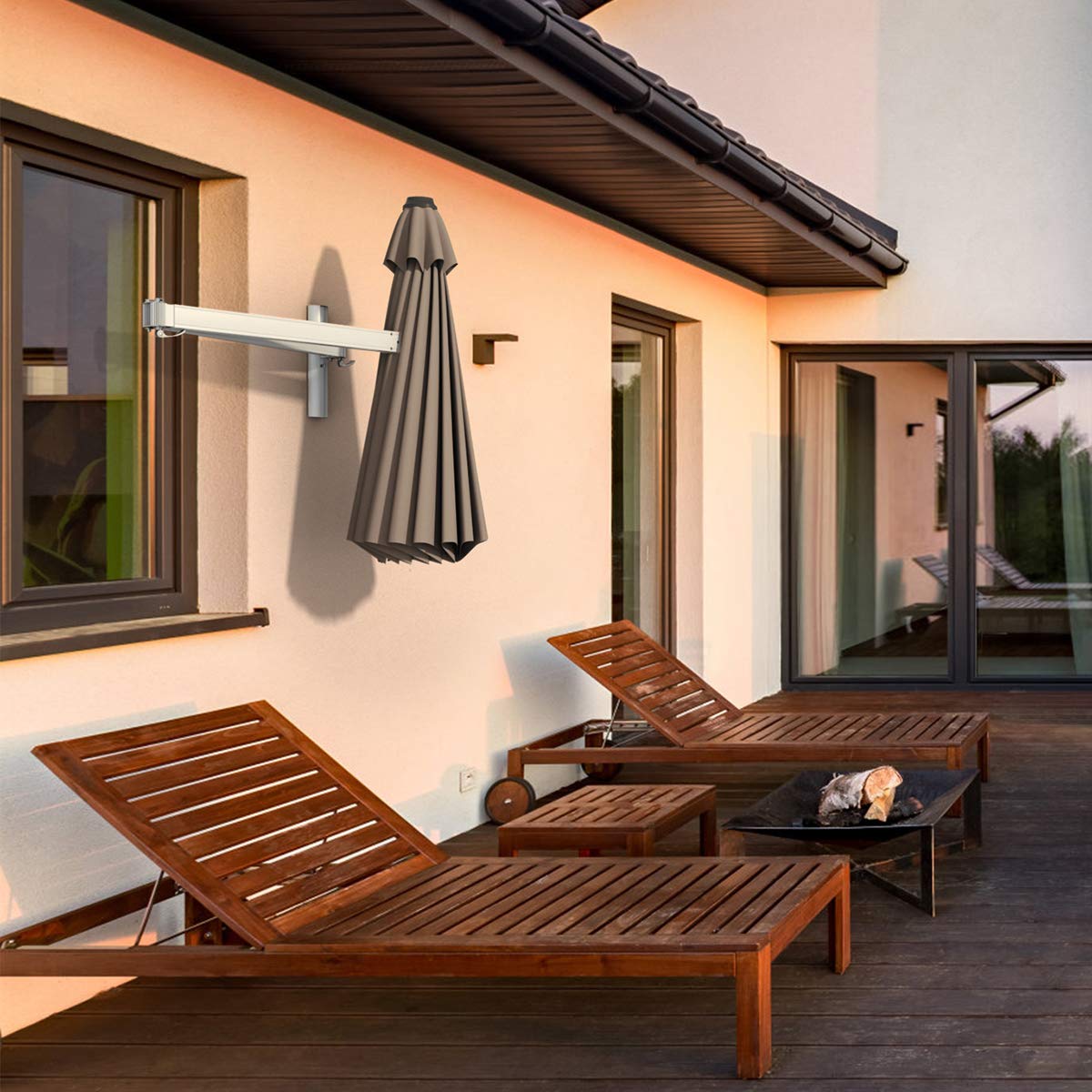 GYMAX Ombrellone da Parete a Braccio, con Testa Inclinabile e Supporto Regolabile, Ombrellone da Esterno con 8 Costole Robuste, per Balcone, Giardino, Cortile