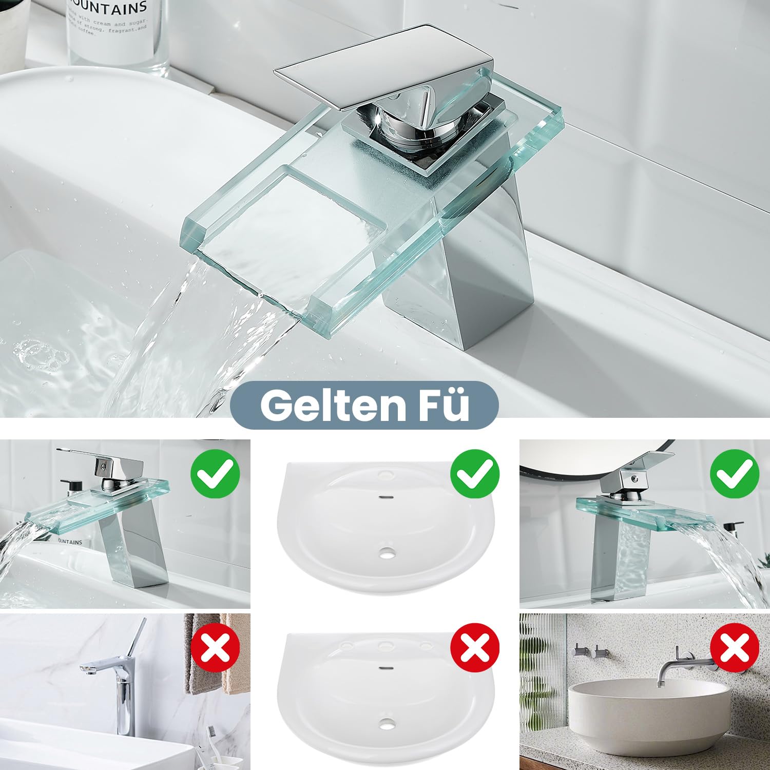 Rubinetto da bagno, rubinetto a cascata in vetro,Rubinetto per lavabo, cromato