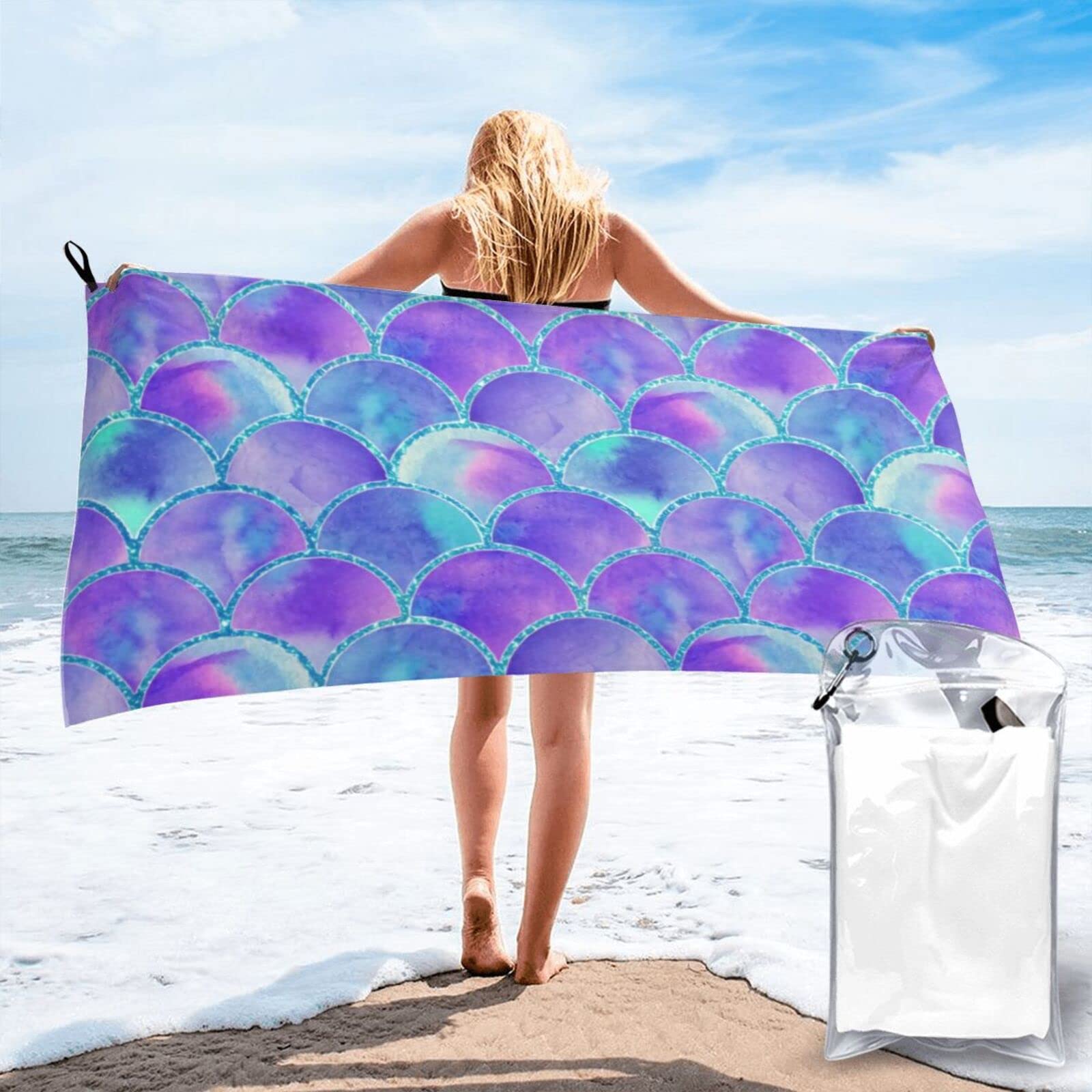 Lawenp Colorfully Scale Pattern Microfiber Beach Towel Adults Large Quick Drying Bath Towel Travel Towels with Pouch 31.5"x63"