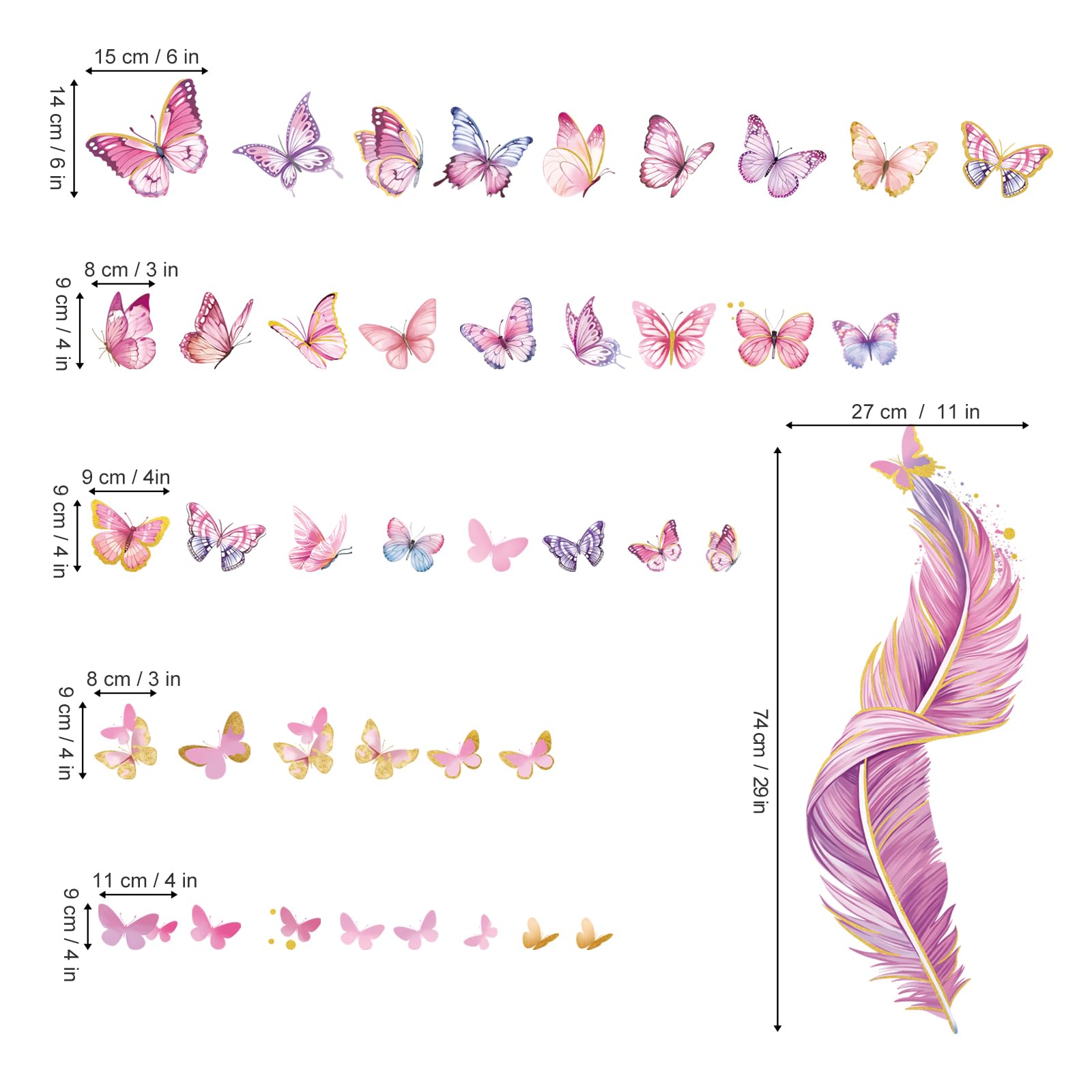 decalmile Colorful Butterflies Wall Decals Pink Feather Wall Stickers Baby Nursery Girls Bedroom Bathroom Wall Decor - Image 4