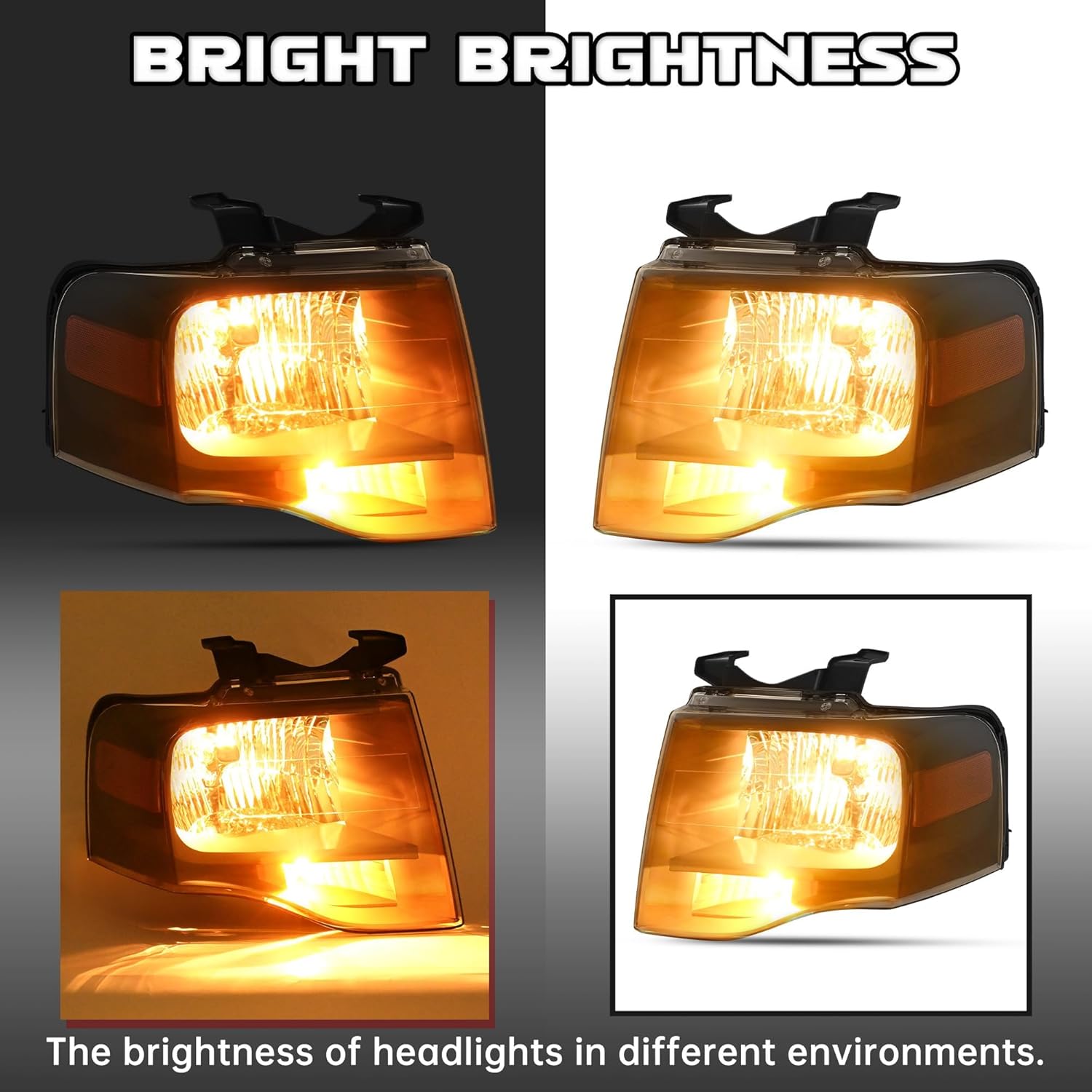 HECASA Pair Headlight Compatible with 2007-2014 Ford Expedition Halogen Headlamp Front Light Lamp w/Bulb Clear Lens Black Housing with Amber Reflector Replacement for FO2502226 FO2503226 Left&Right