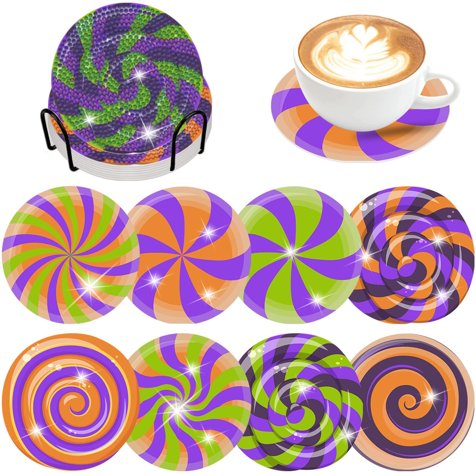 8 Pcs Halloween Candy Diamond Coasters Kits with Holder DIY Halloween Candy Diamond Art Coaster Non Slip Coaster for Adults Diamond Kits Supplies for Gift