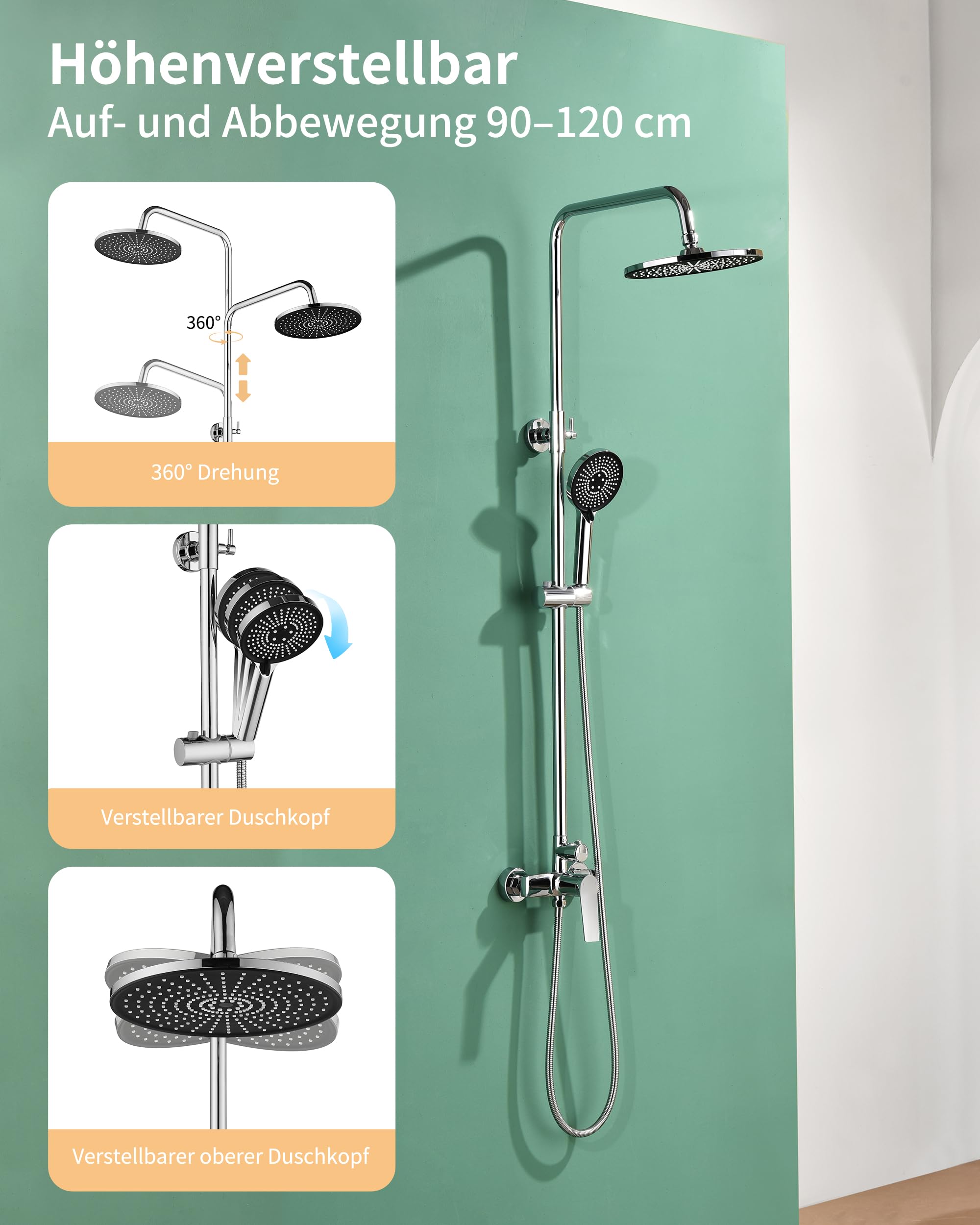 Zestaw prysznicowy z chromowaną baterią prysznicową, kompletny zestaw z prysznicem deszczowym o długości 23 cm, 3 rodzaje strumienia, kompletny zestaw prysznicowy, żeliwna bateria