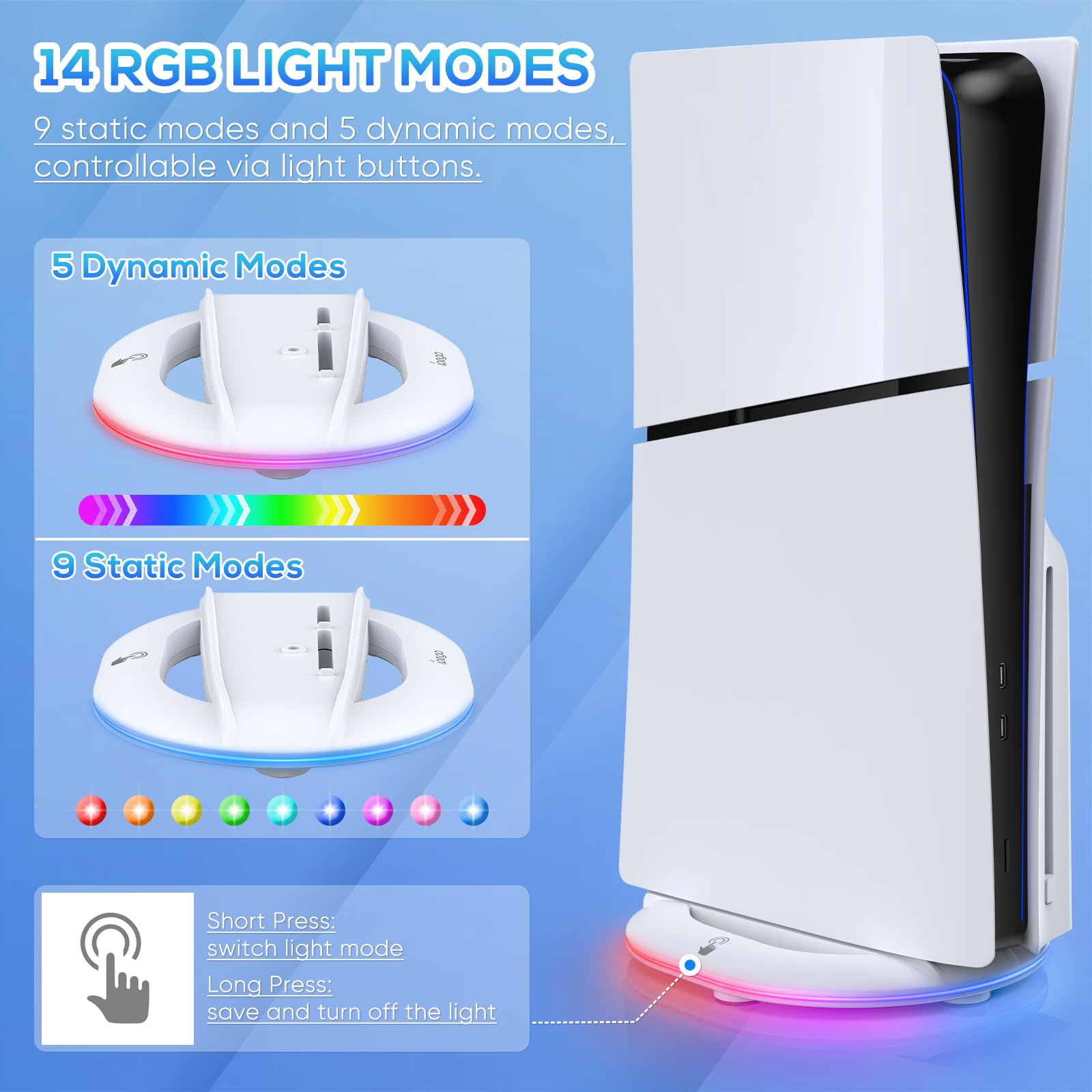Auarte RGB Standfuß für PS5 Slim, Vertikaler PS5 Slim Ständer für Playstation 5 Slim Disc & Digital Edition Konsole, 2 USB Hub, 14 Lichteffekte