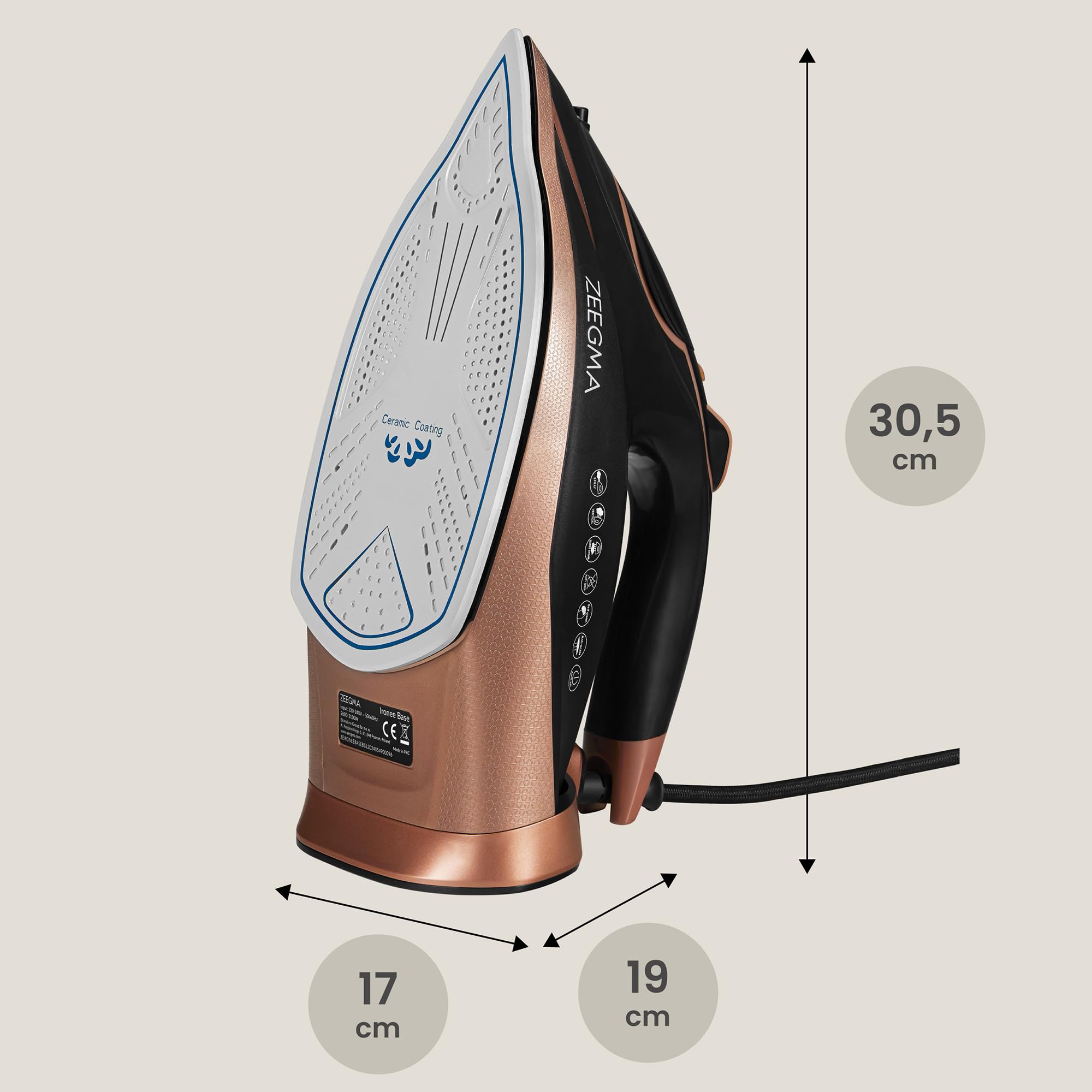 ZEEGMA IRONEE BASE Przewodowe Żelazko Parowe z Powłoką Ceramiczną 3100W, Prasowanie na Sucho i Parą 40g/min, Zbiornik 320 ml Funkcja Samoczyszczenia, Anti-Drip oraz Anti-Calc