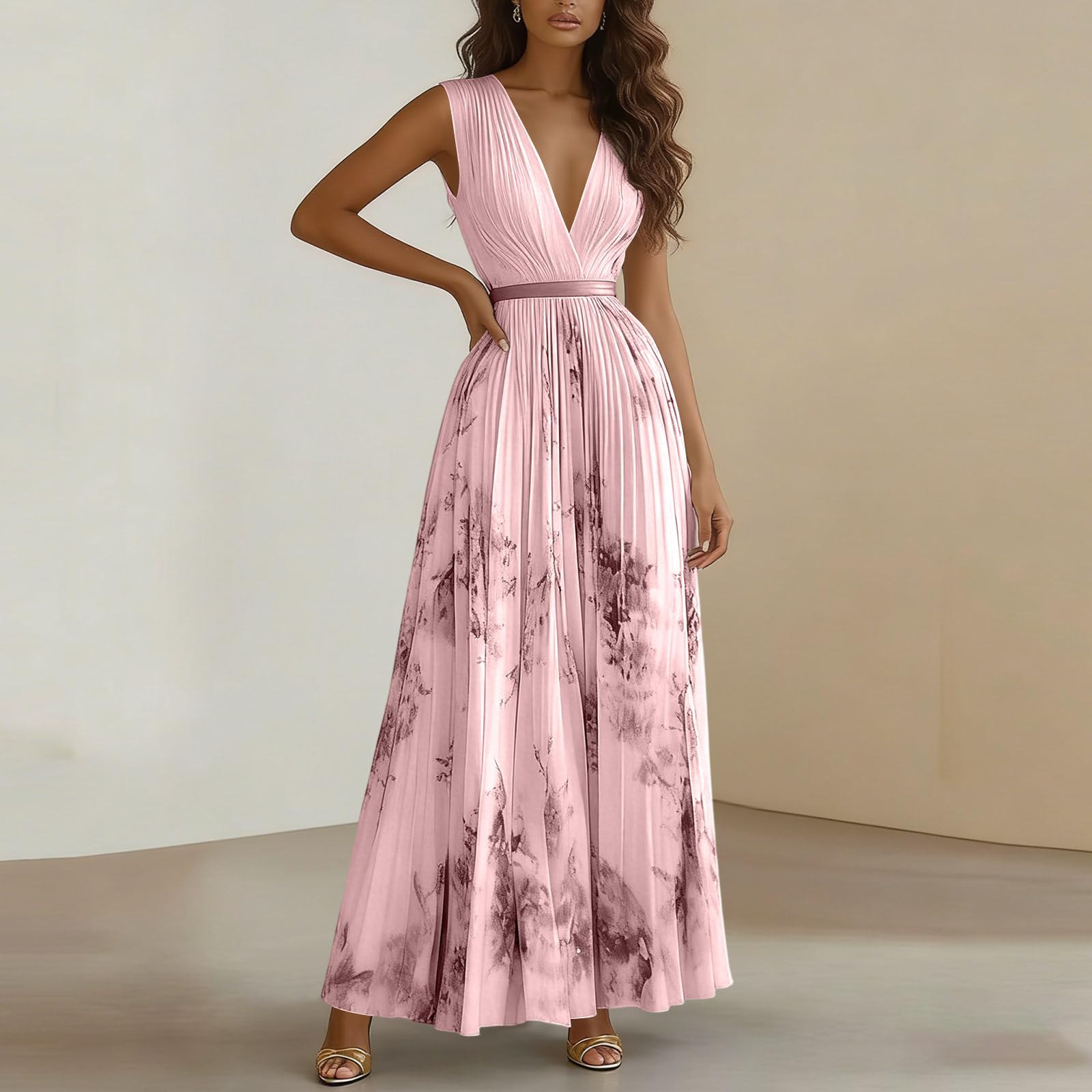 Plisseekleid Damen Lang Blumen Maxikleid Hochzeitsgast Damenkleider Elegant Faltenkleid Sommer Cocktailkleid Tailliert Abendkleid Festlich Kleid V Ausschnitt Blumenkleid Ärmellos