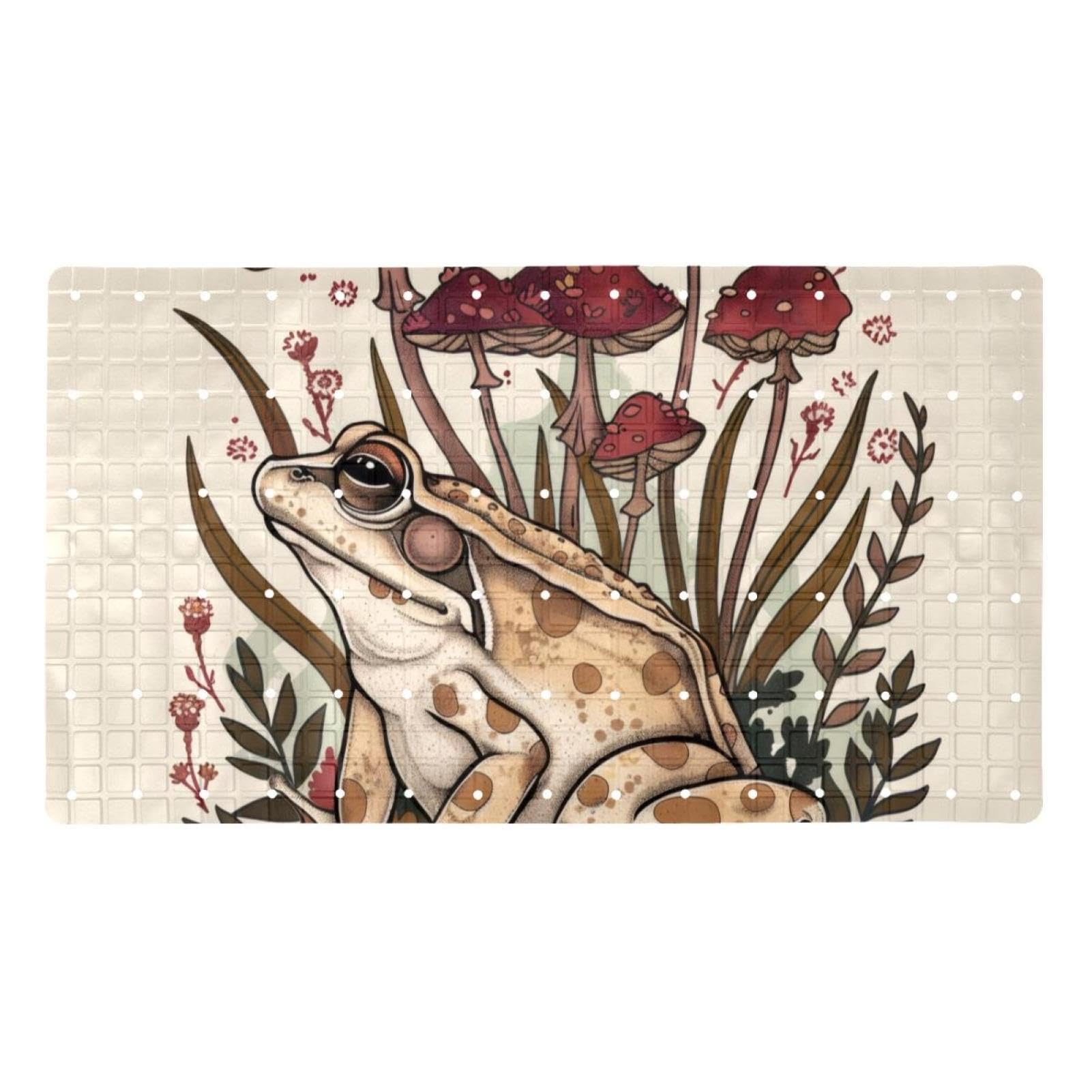 Rutschfeste Badematten für Badezimmer, Motiv: Frosch mit Pilzen und Pflanzen, rechteckig, maschinenwaschbar, 40 x 70 cm