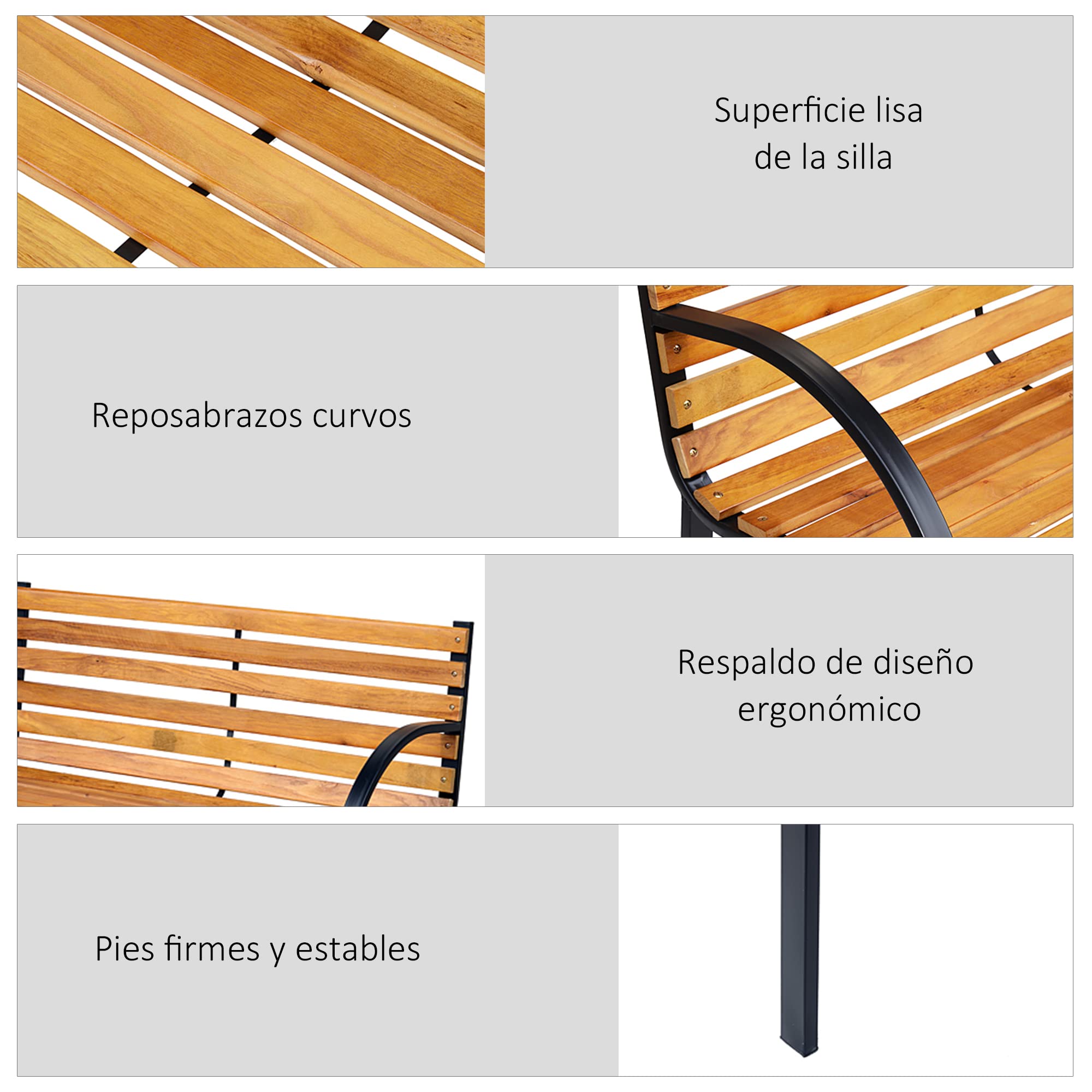 Outsunny Banco de Jardín de Madera de 2 Plazas 122x60x83 cm con Respaldo y Apoyabrazos Listones y Marco de Acero Carga 220 kg Color Natural y Negro
