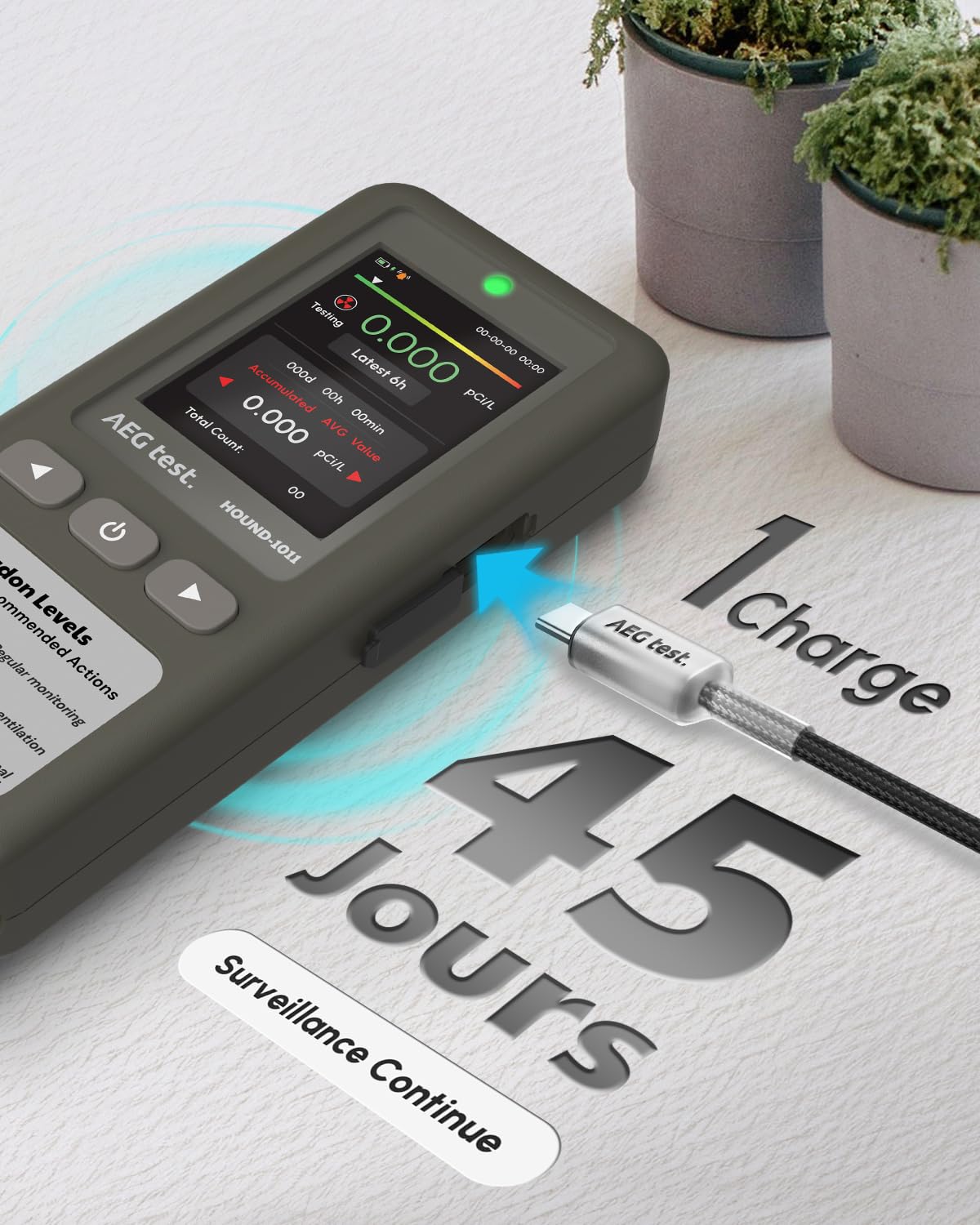 HOUND-1011 Détecteur de Radon Portable pour la Maison, léger, capteur Haute précision, 45 Jours, Facile à Utiliser, mesures Court et Long Terme en pCi/L ou Bq/m³, pour sous-Sol – Gris