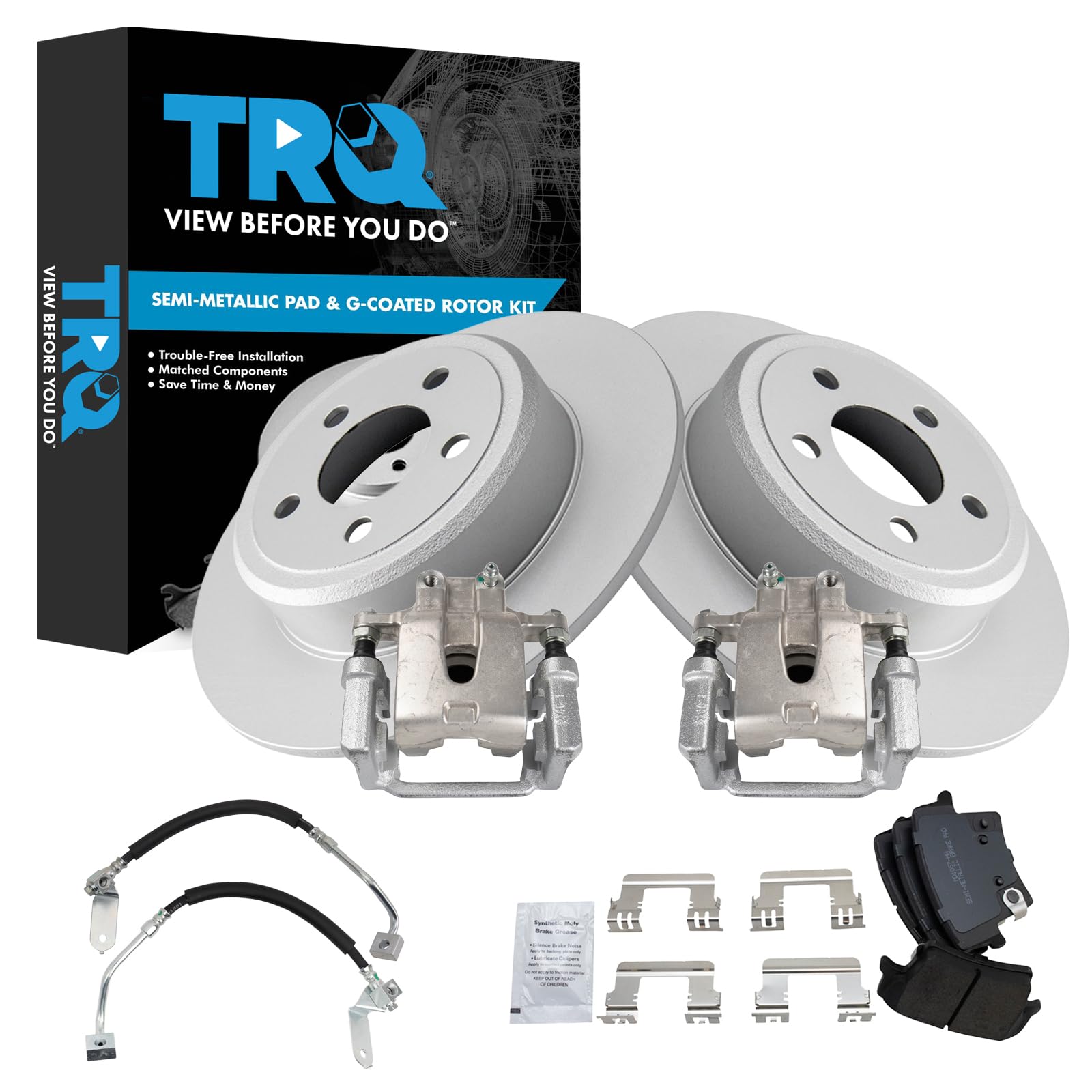 TRQ Rear Brake Pad &amp; Rotor Kit Semi-Metallic Premium G-Coated Compatible with 2009 Dodge Challenger