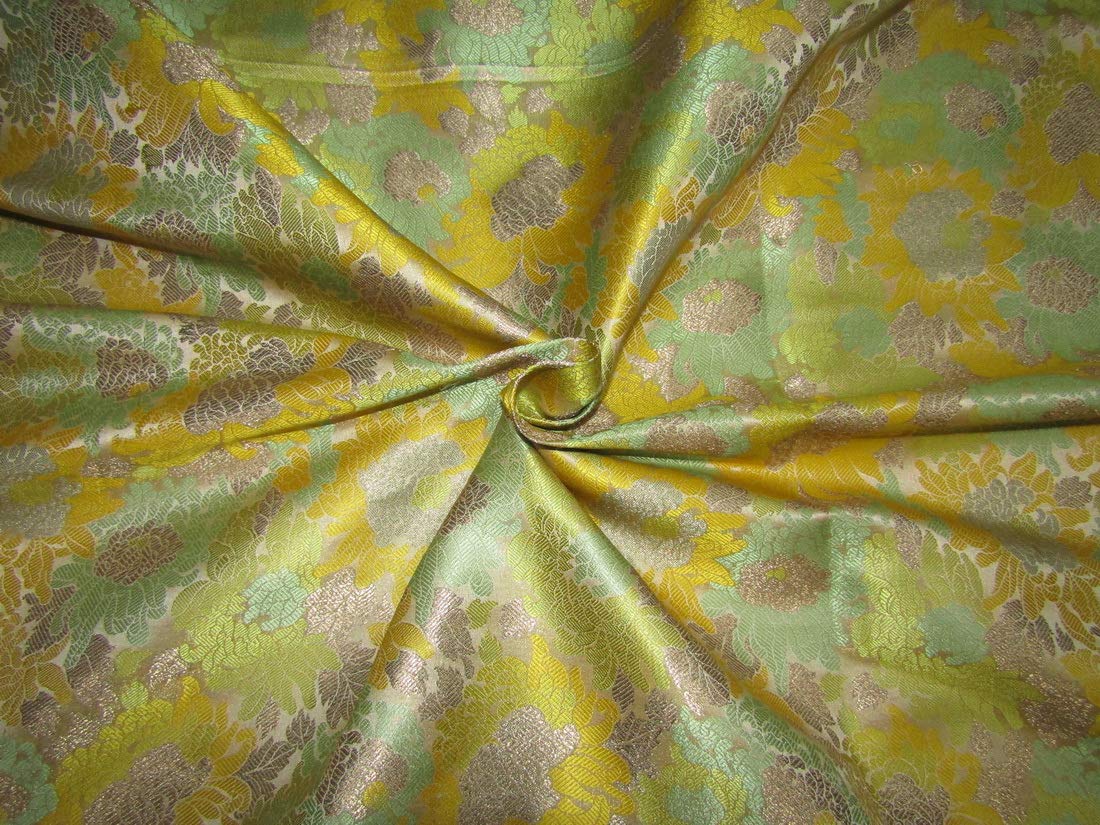 Tissu brocart jaune et vert floral métallisé or au yard