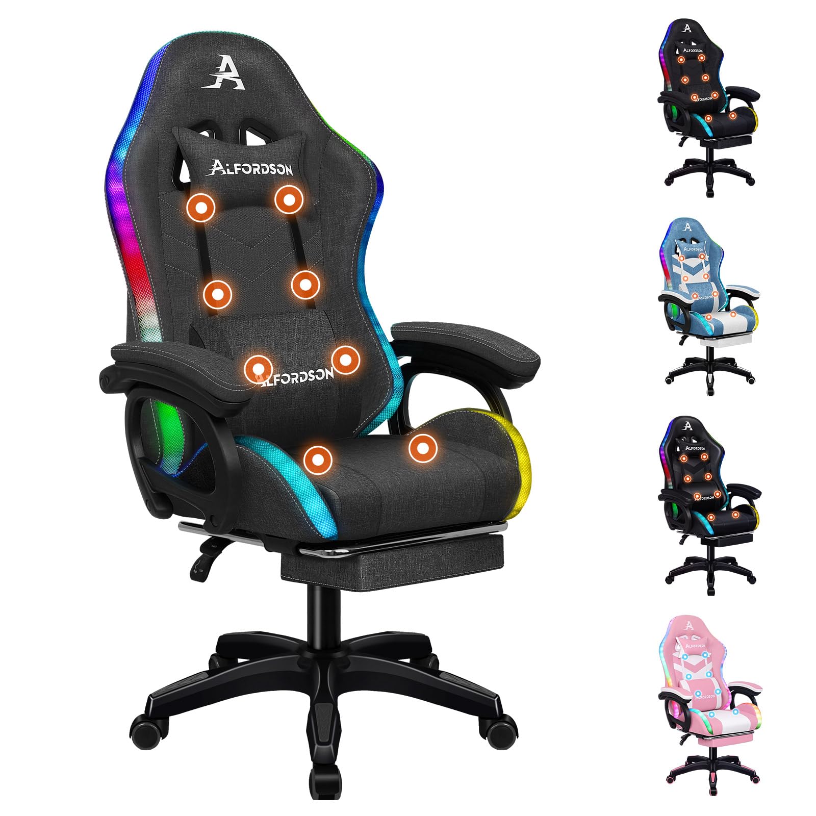 ALFORDSON Silla Gaming con Masaje y LED, Silla Gamer Ergonómica con Cojín Lumbar y Cervical, Reposapiés Telescópico, Iluminación para Ordenador, Videojuego, Juegos, Oficina, Lino(Gris Oscura)
