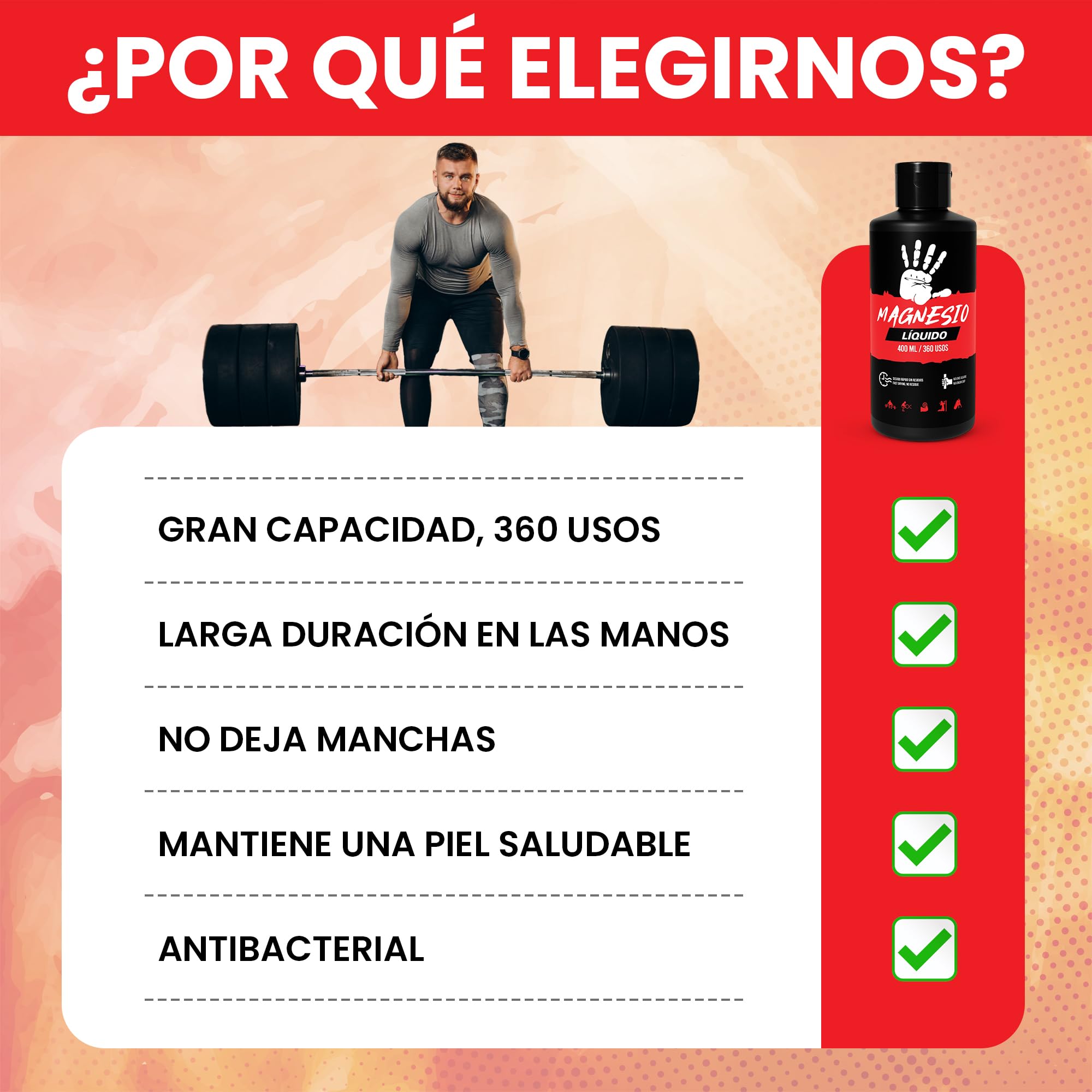 Magnesio Líquido 400ml | 360 Usos Reales | Agarre Crossfit, Escalada, Calistenia, Halterofilia | Máximo Rendimiento | Secado Rápido | Sin Residuos | Chalk Profesional
