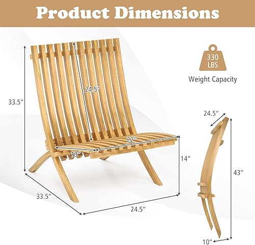Miniatura 3 de Tangkula Silla plegable para patio, silla de madera de teca para exteriores con asiento y respaldo de rejillas, silla de hoguera de perfil bajo para