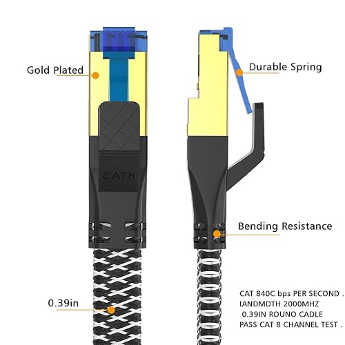 Miniatura 4 de Cable Ethernet Cat 8 de 10 pies, cable de red LAN Cat8 de alta velocidad tejido de nailon para exteriores e interiores, cable Ethernet SFTP RJ45